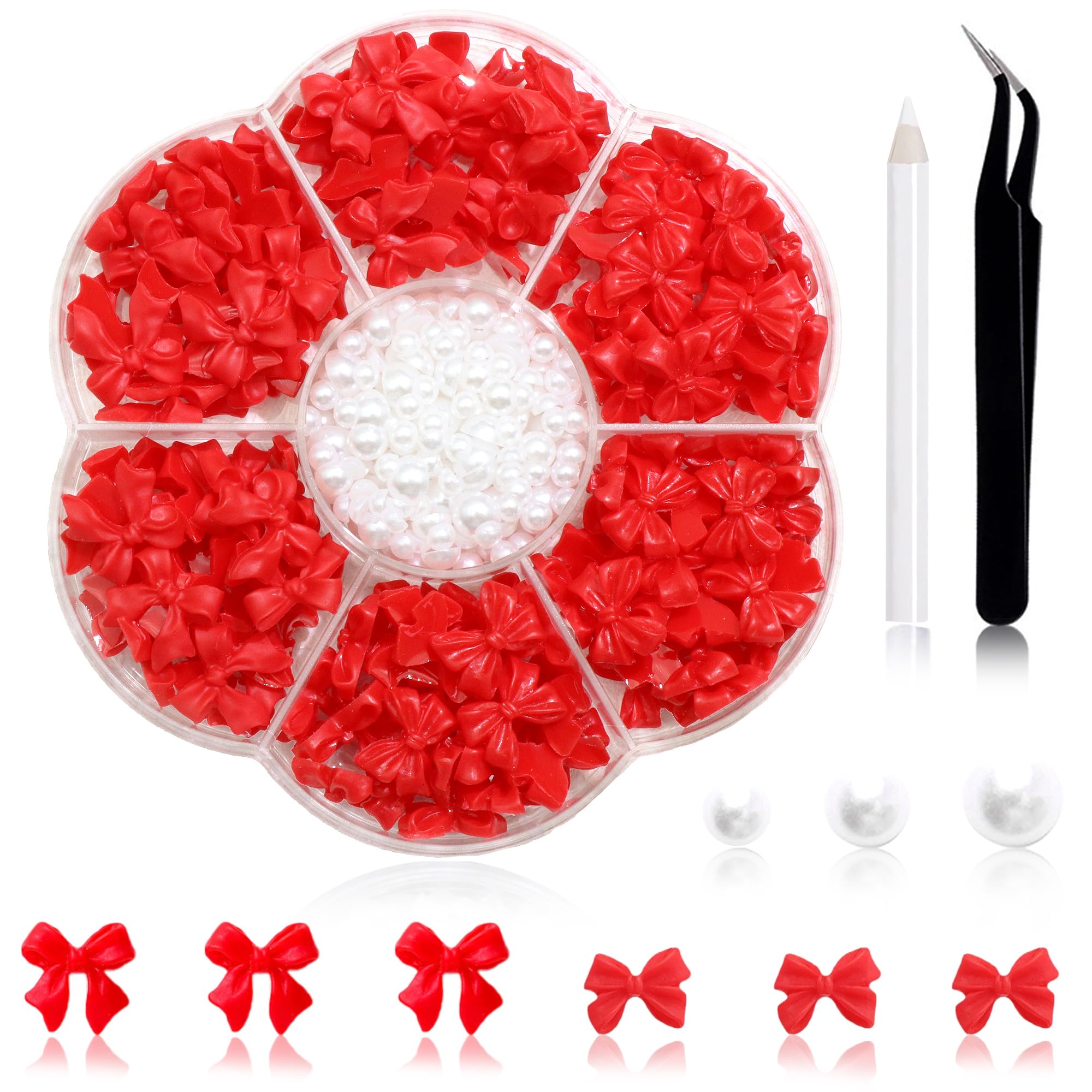 300Pcs Bow Nail Charms and Flatback Pearls,Red Bowknot 3D Cute Nail Charms for Acrylic Nail Supplies Design,3-5mm White Half Pea