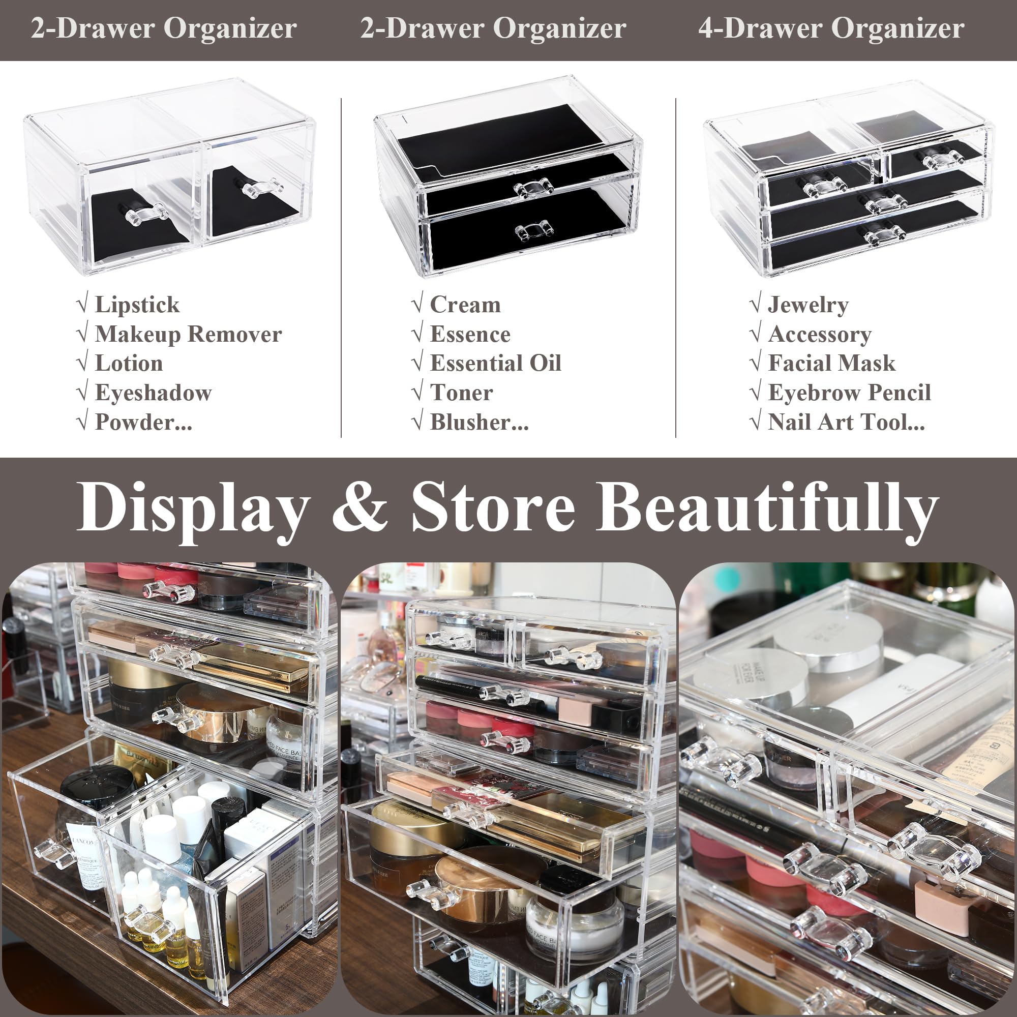 Sea Team 3-Layer Stackable Clear Makeup Organizer with Drawers, Acrylic Plastic Cosmetic Display Case, Jewelry Storage Box, Hold