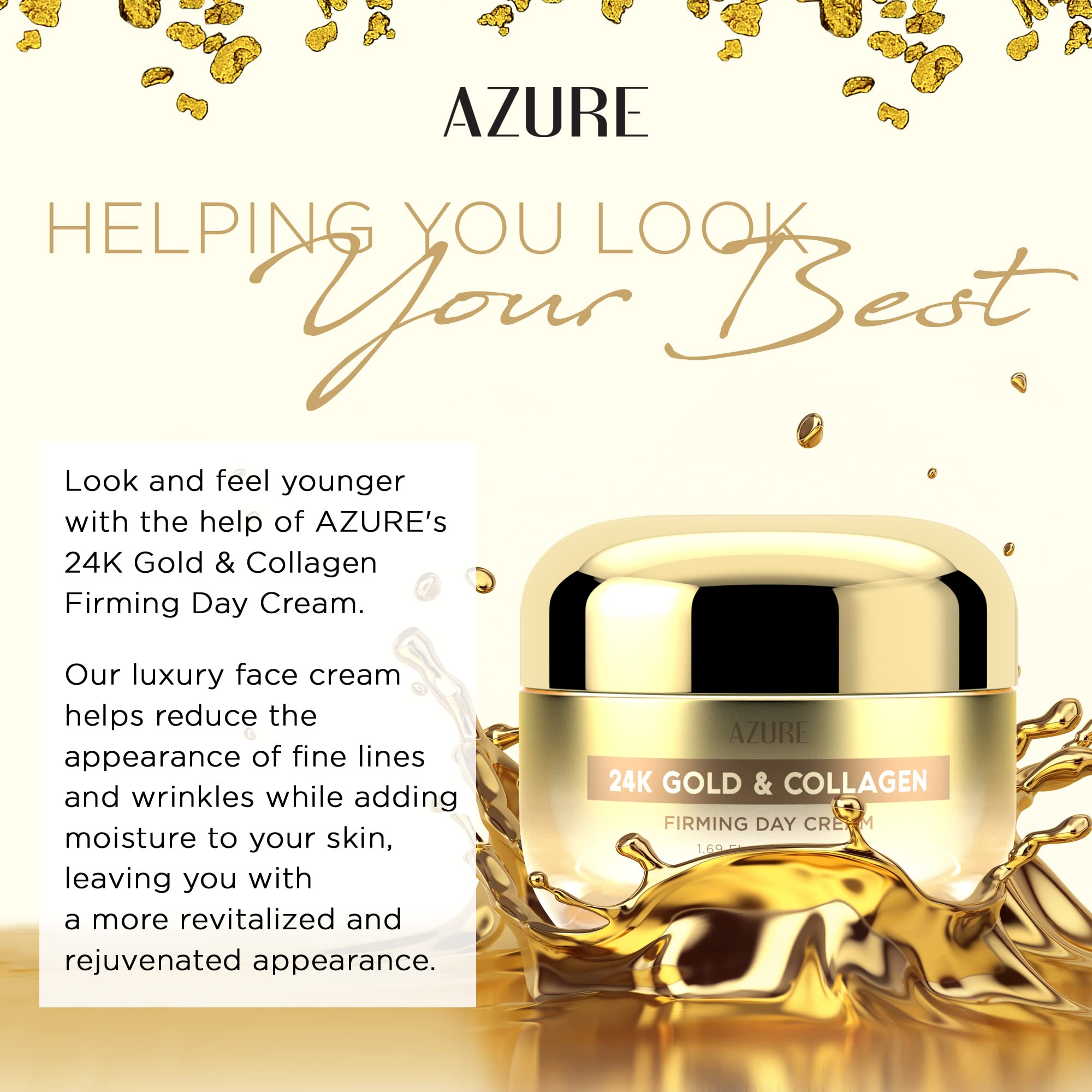 Azure 24K Gold & Collagen Firming Day Cream - Moisturizing, Illuminating & Lifting | Reduces Wrinkles & Fine Lines | Anti Aging