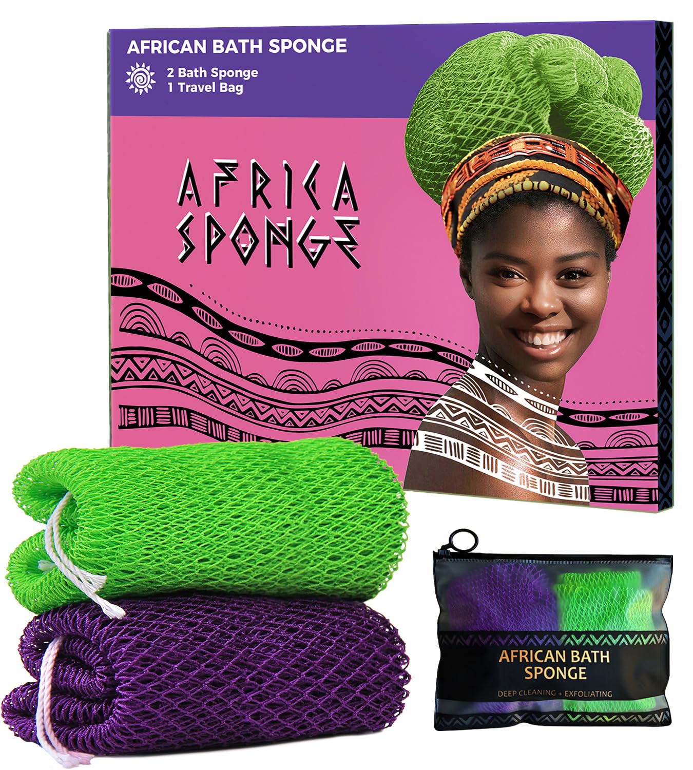 African Net Sponge Authentic - 2 Pieces Real African Loofah Shower Sponges - Body Scrubber Exfoliating Washcloth Purple & Green
