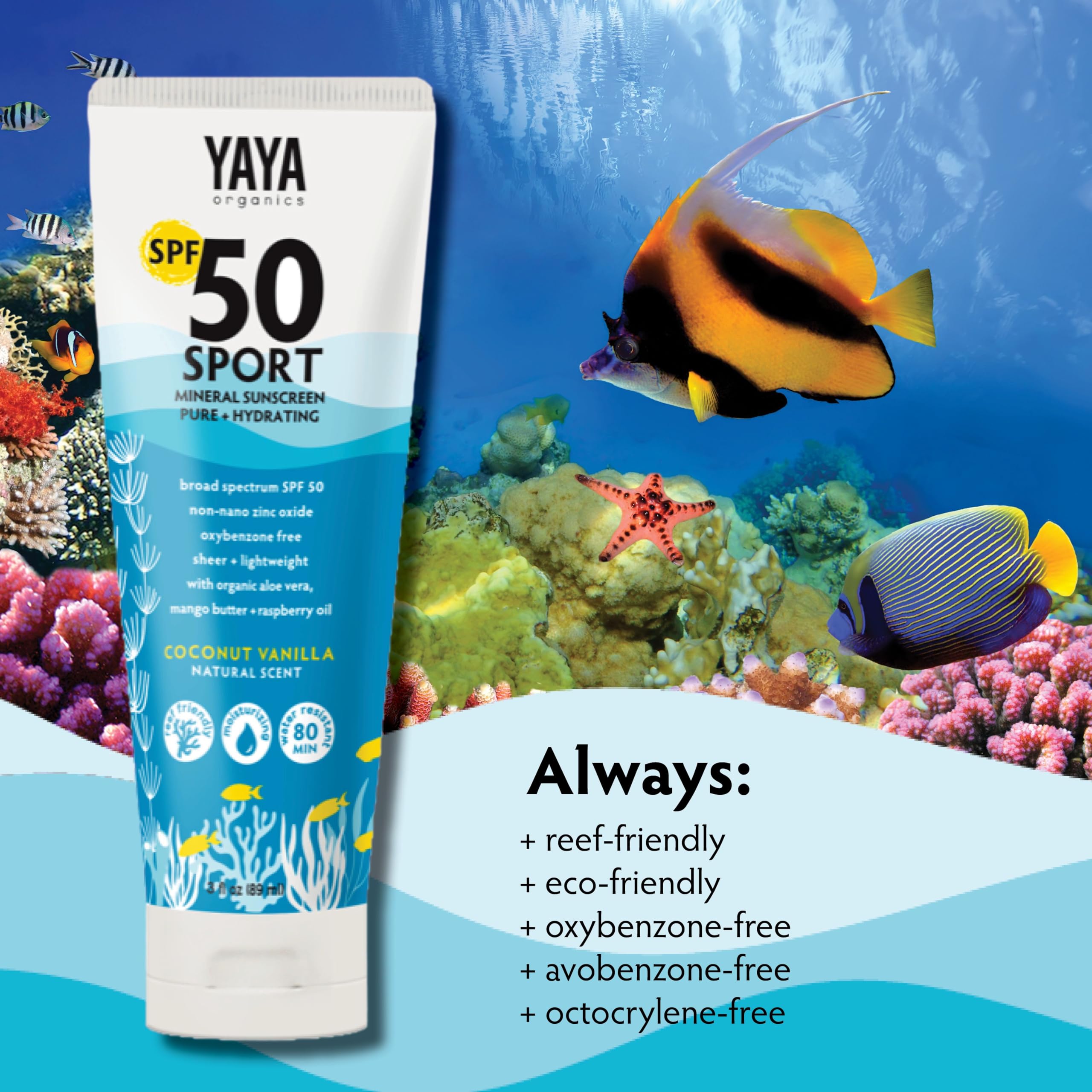 YAYA ORGANICS Sport Mineral Sunscreen Lotion with Free Sponge Applicators, SPF 50, Reef-Friendly, Non-Nano Zinc Oxide, Water-Res