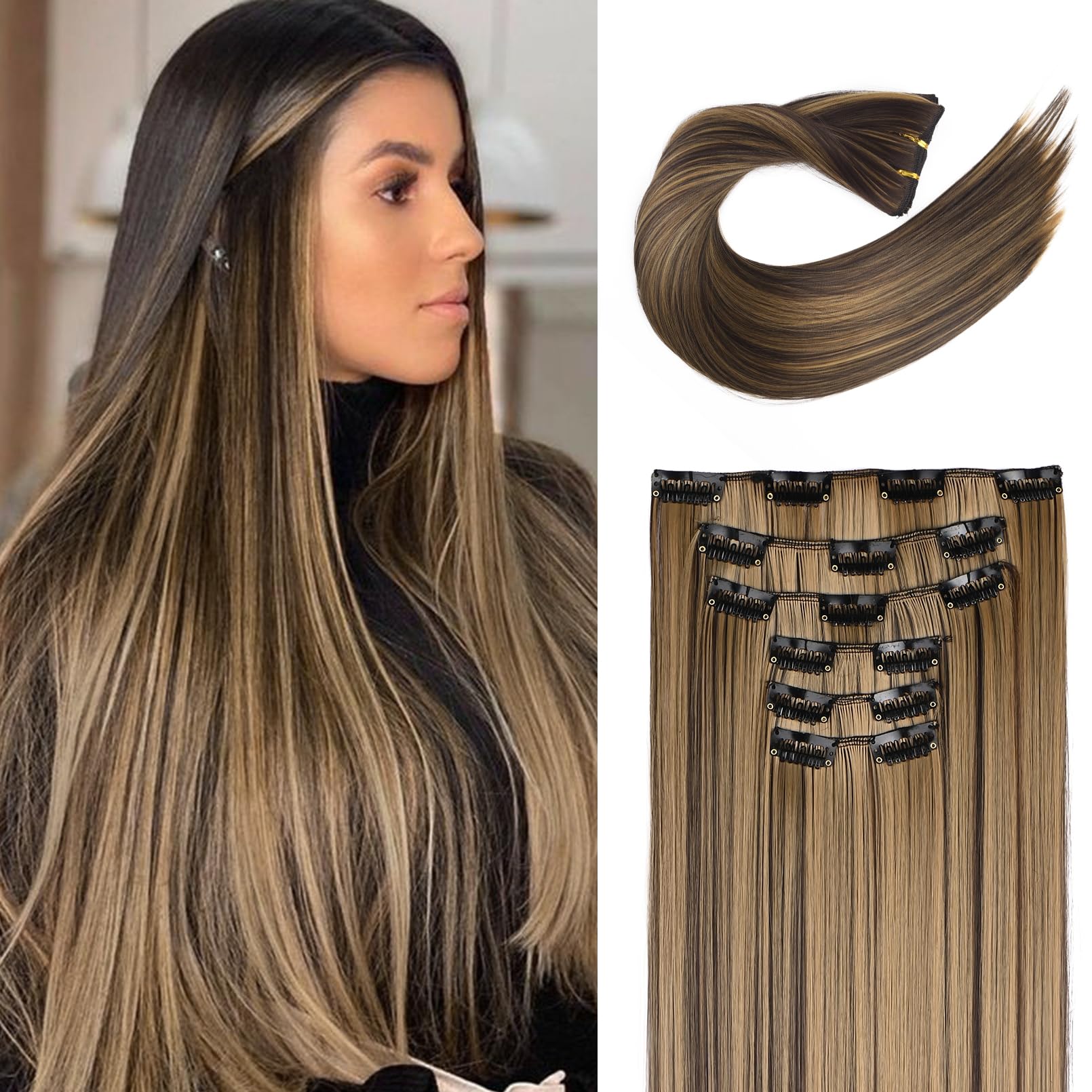 FLUFYMOOZ 6PC Clip in Hair Extensions 24'' Straight Long Extensions for Women Synthetic Hairpiece (Chocolate Brown with Blonde H