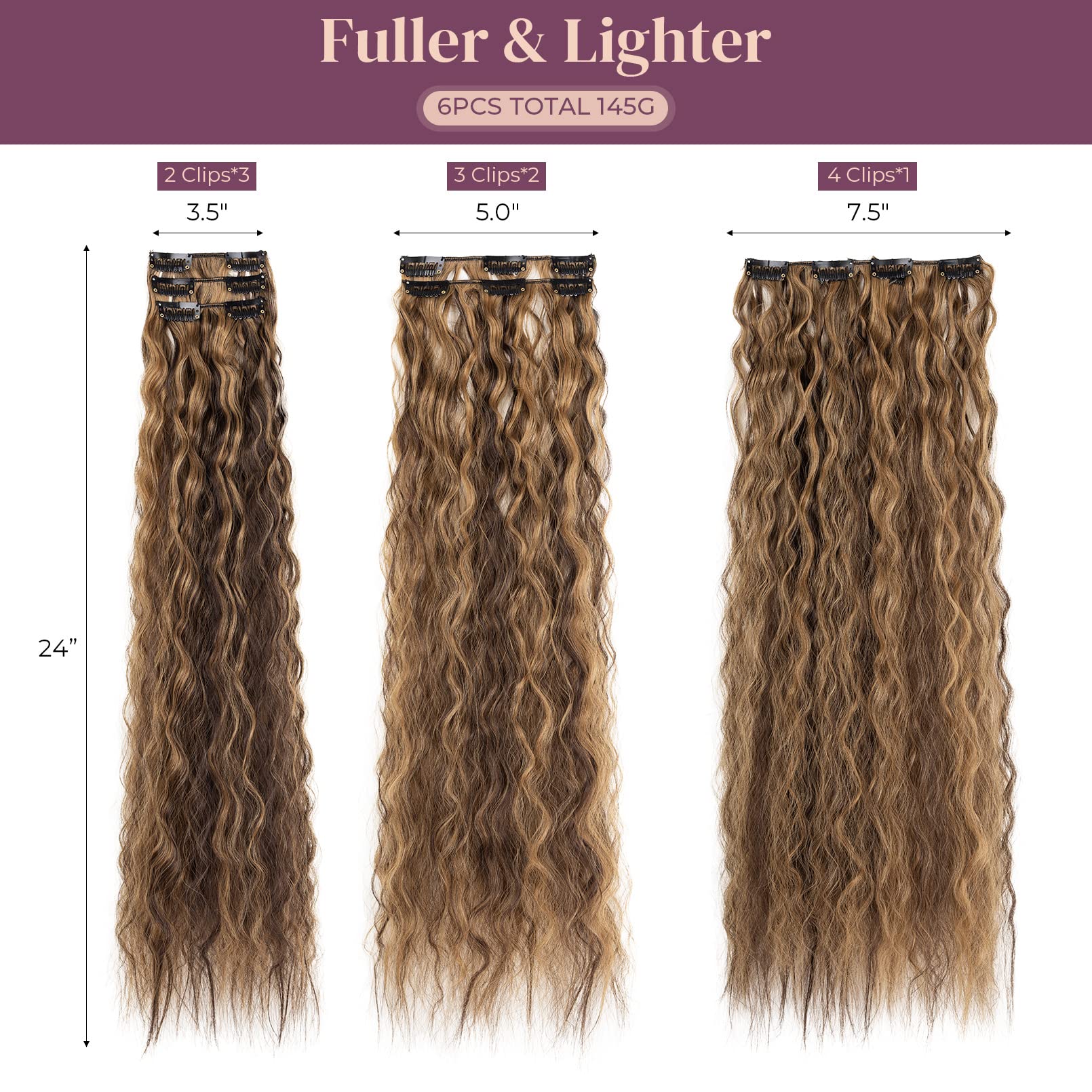 LONAI Clip In Hair Extensions, 6PCS Curly 24 '' Long Synthetic Clip On Hairpiece For Women-Chocolate Brown with Caramel Blonde H