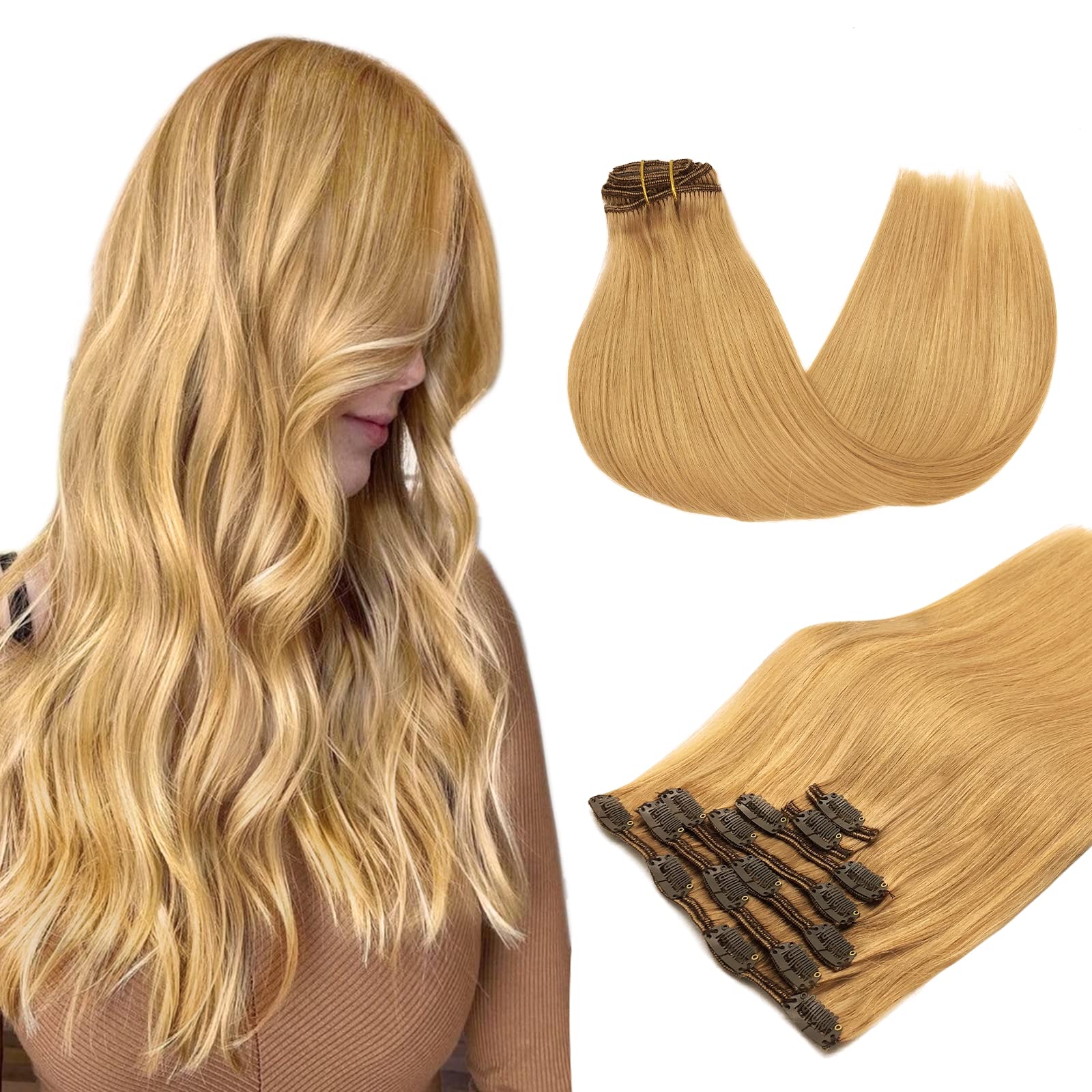 MAXITA Clip in Hair Extensions Real Human Hair, 120g 7pcs Dirty Blonde 16 Inch, Remy Human Hair Extensions Clip in Straight Natu
