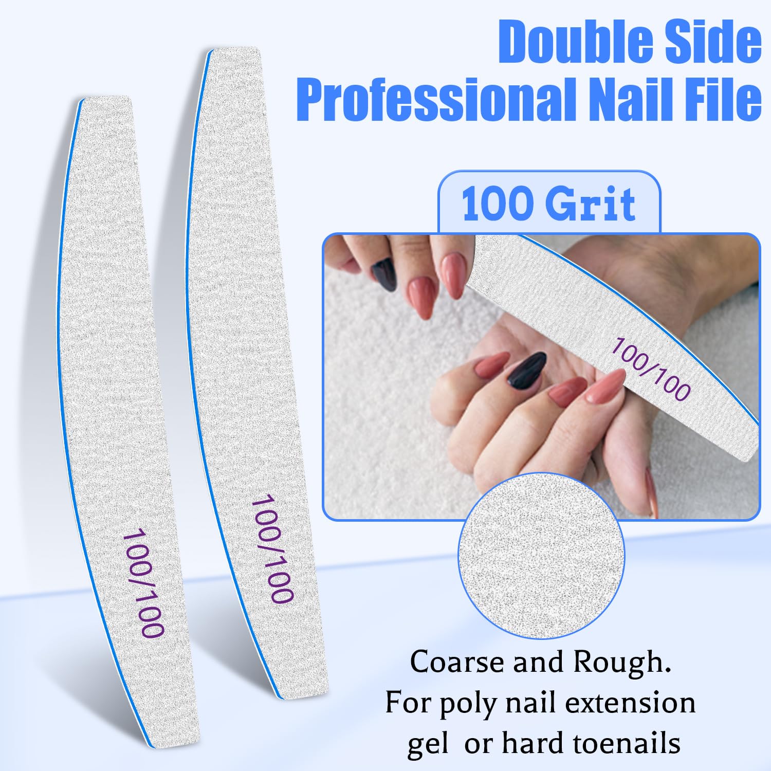 12 Pcs Nail Files For Acrylic Nails, 100/100 Grit Nail File For Poly Nail Extension Gel Emery Boards Nail Files Doubled Sides Co