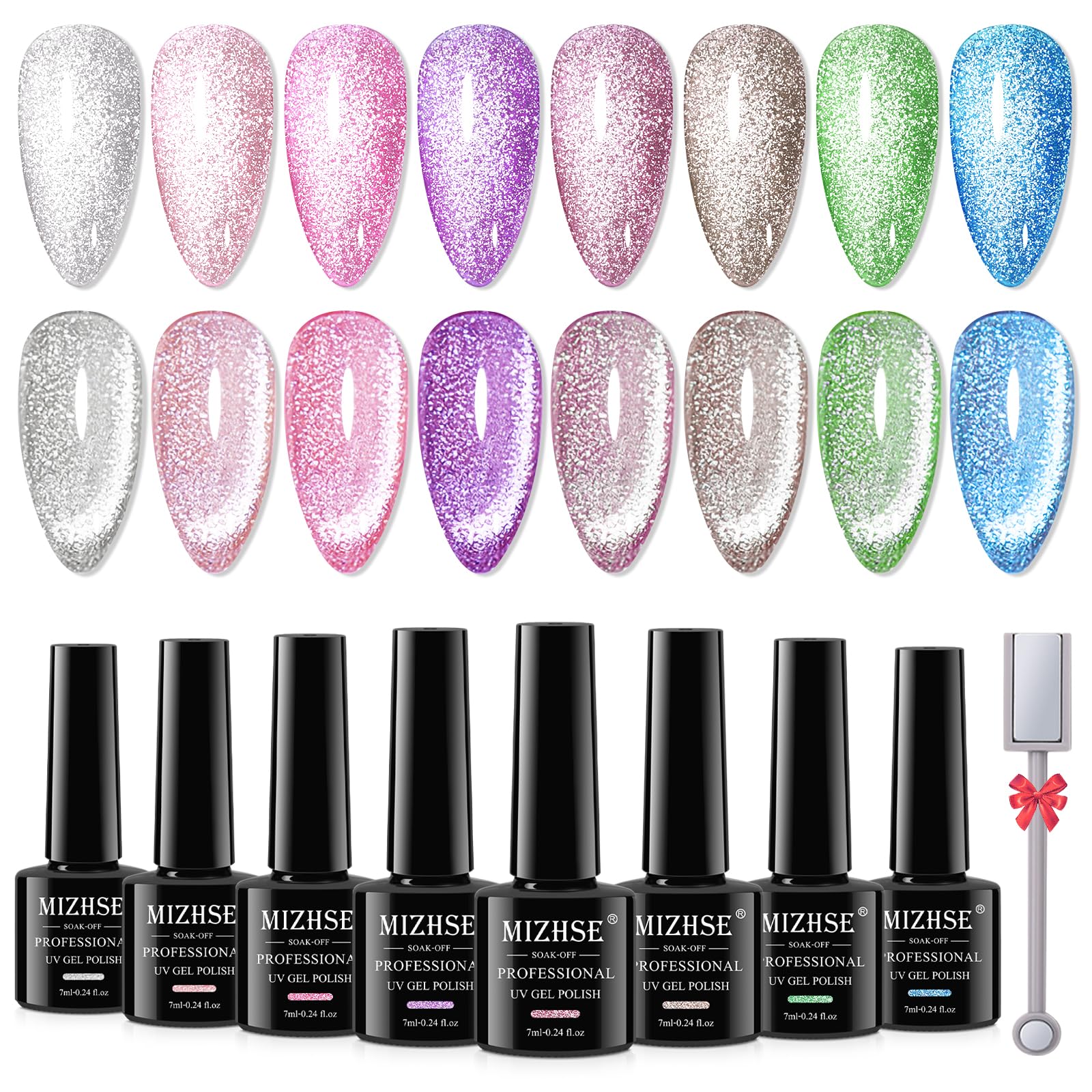 Mizhse Magnetic Gel Nail Polish, Platinum Glitter Cat Eye Gel Nail Polish Set 8 Colors With Magnet Stick, Sparkle Cateye Nail Ge