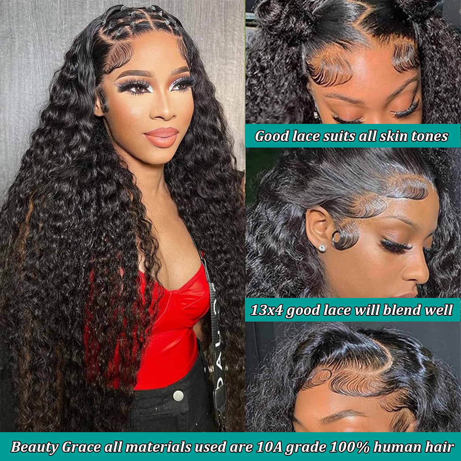Beautygrace 22Inch Deep Wave Lace Front Wigs Human Hair 10A Grade Virgin Hair, Natural Color, Tangle Free, Soft Texture, Easy To