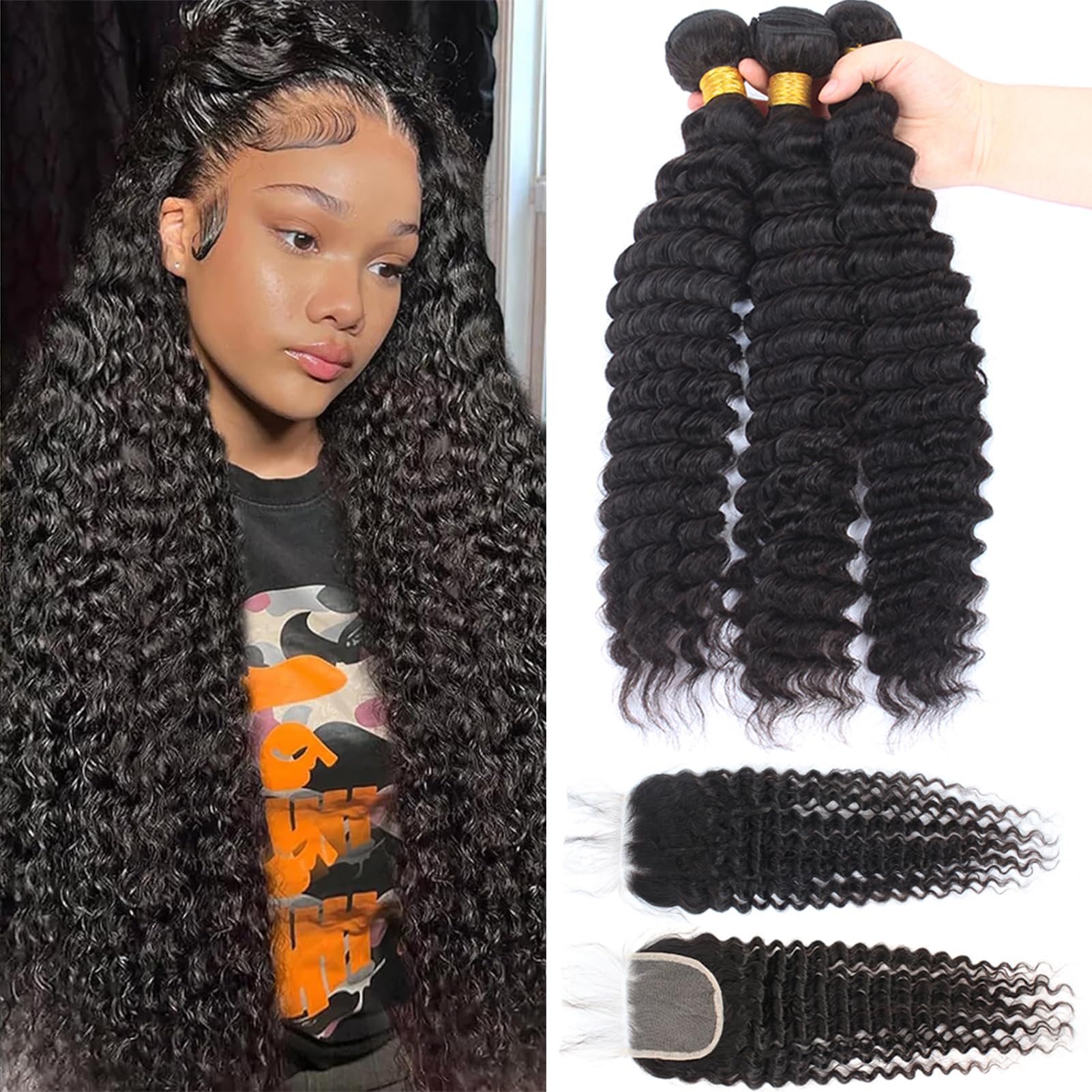 12A Brazilian Virgin Deep Wave Hair 3 Bundles With Closure (20 22 24+18''Closure) 100% Unprocessed Virgin Brazilian Pineapple Wa