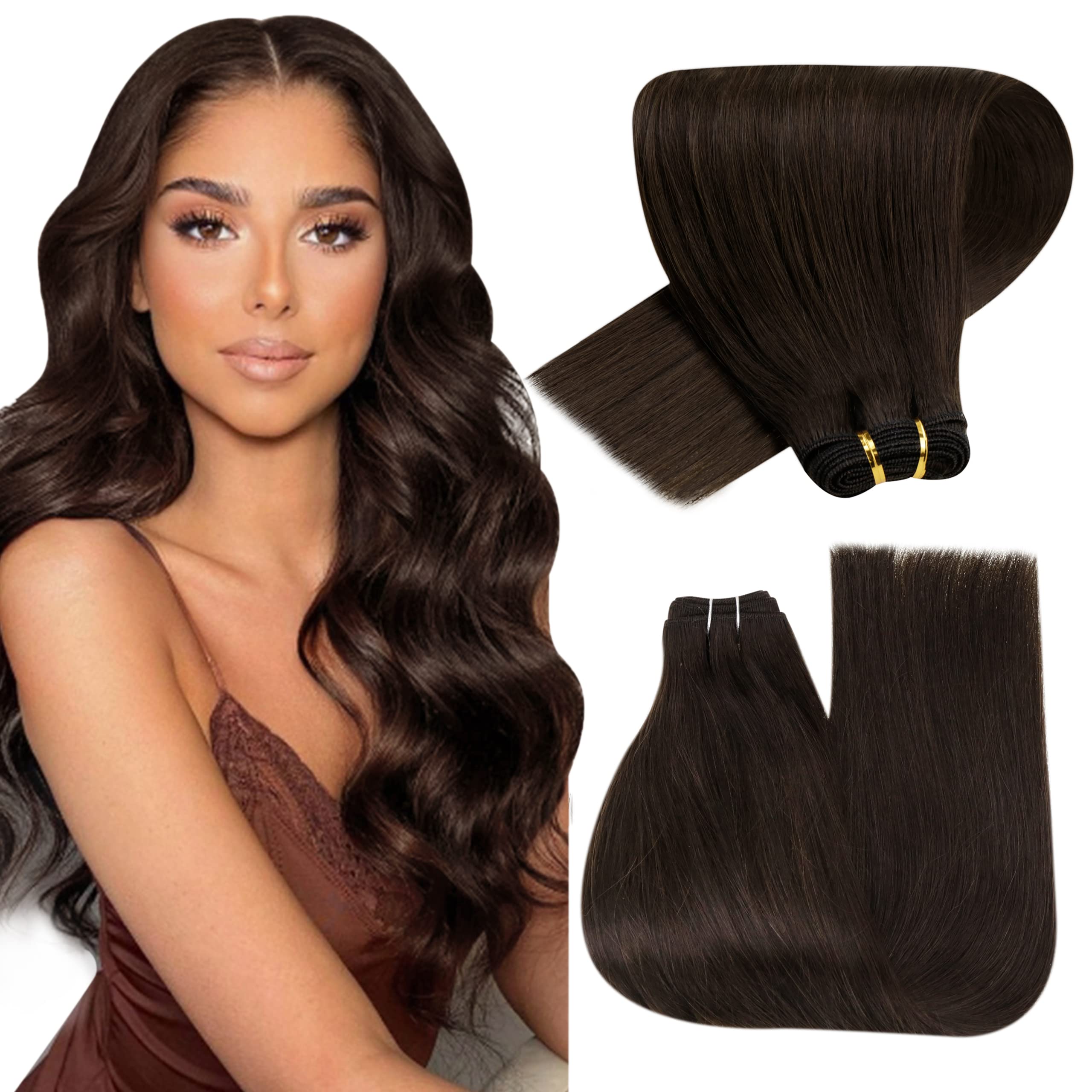 Hetto Brown Weft Hair Extensions Human Hair 20 Inch 100g #2 Darkest Brown Weft Extensions Sew in Human Hair Weft Brazilian Hand