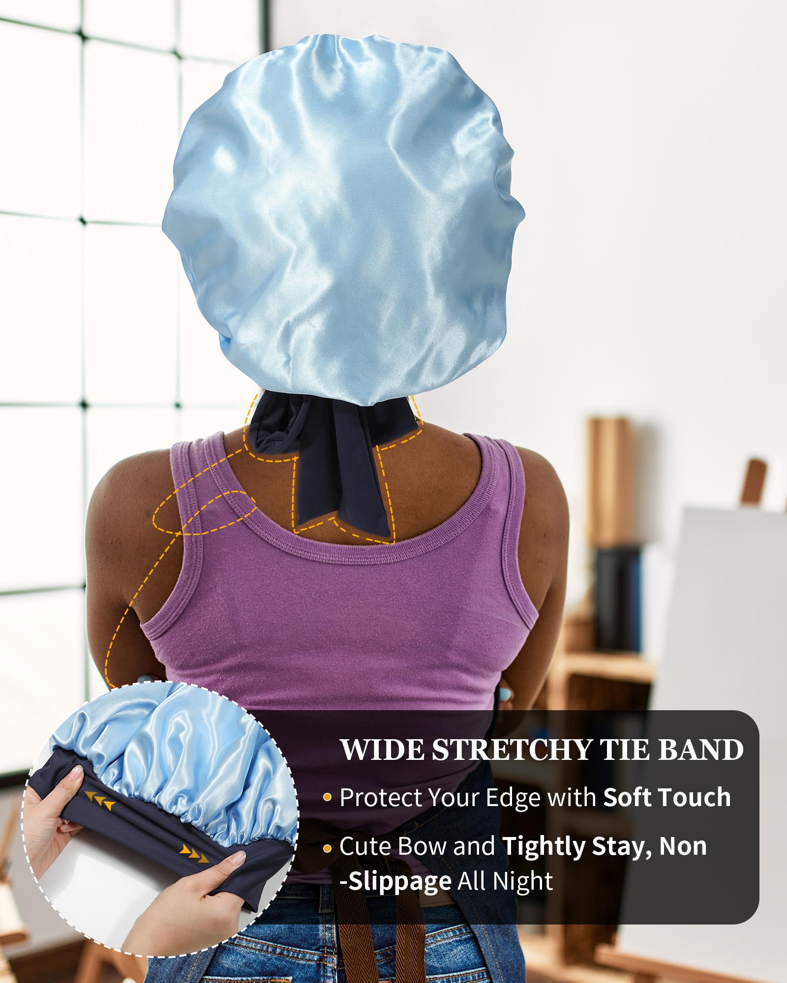 Satin Bonnet For Women Silk Bonnets For Sleeping Curly Hair Bonnet With Elastic Tie Band Reversible Double Layer Sleep Cap Hair