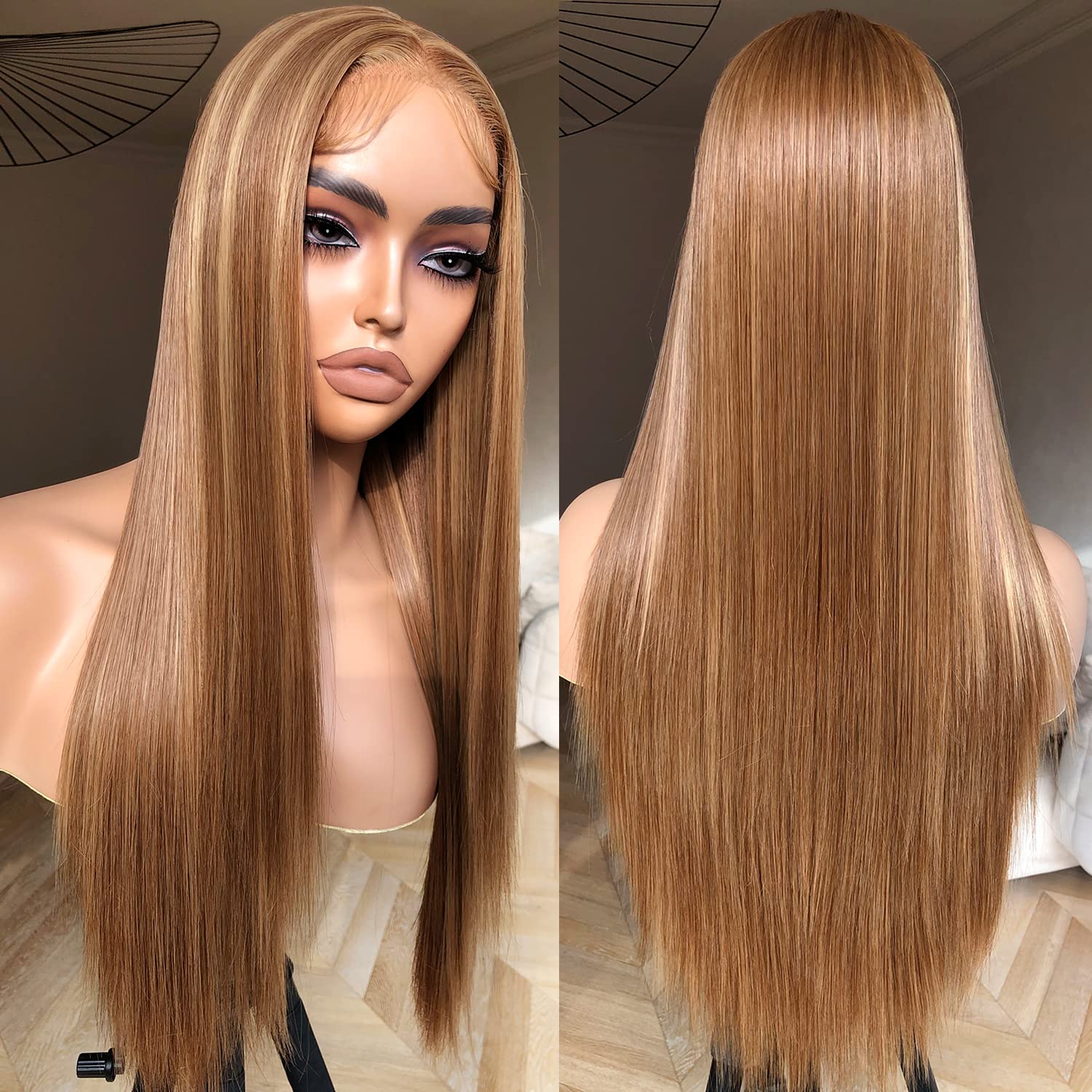 Brownbomb Honey Blonde Lace Front Wig - Pre Plucked, Ready To Wear, Hd Glueless 13X5X1 - Highlight Synthetic Straight Wig For Wo