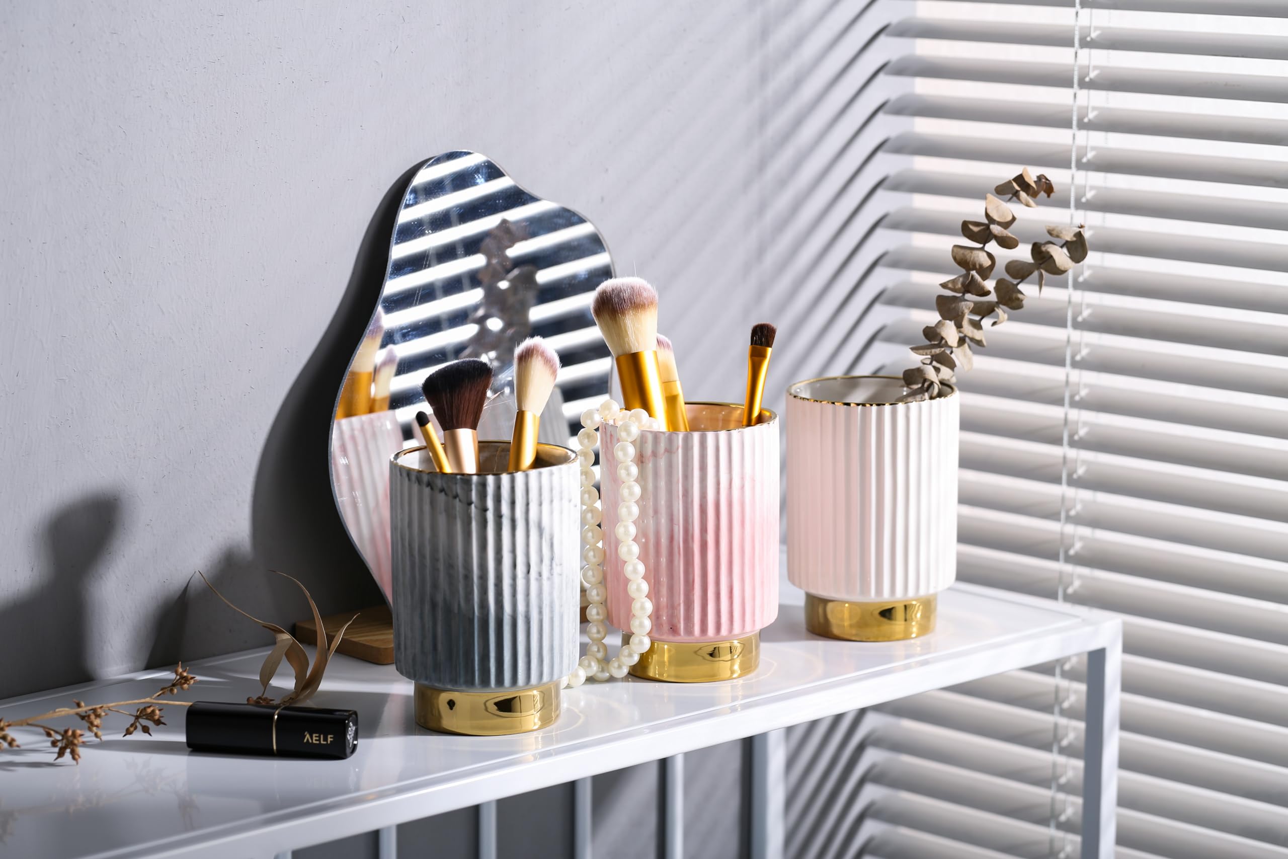 Ieek Pink And Gold Makeup Brush Holder Organizer,Glass Cosmetics Brushes Cup Eyebrow Pencil Pen Container,European Style Striped