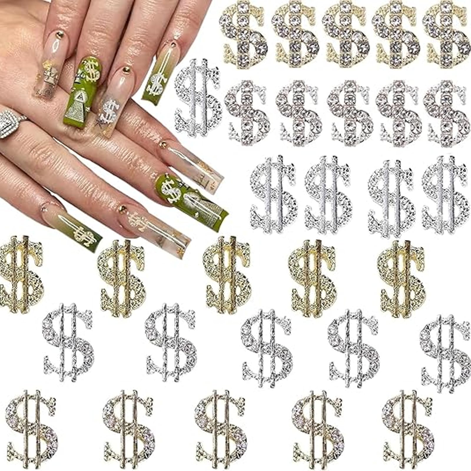 30PCS Money Dollar Nail Charms Gold and Silver 3D Alloy Dollar Money Nail Art Charms with Rhinestones for Women Nail Decoration 