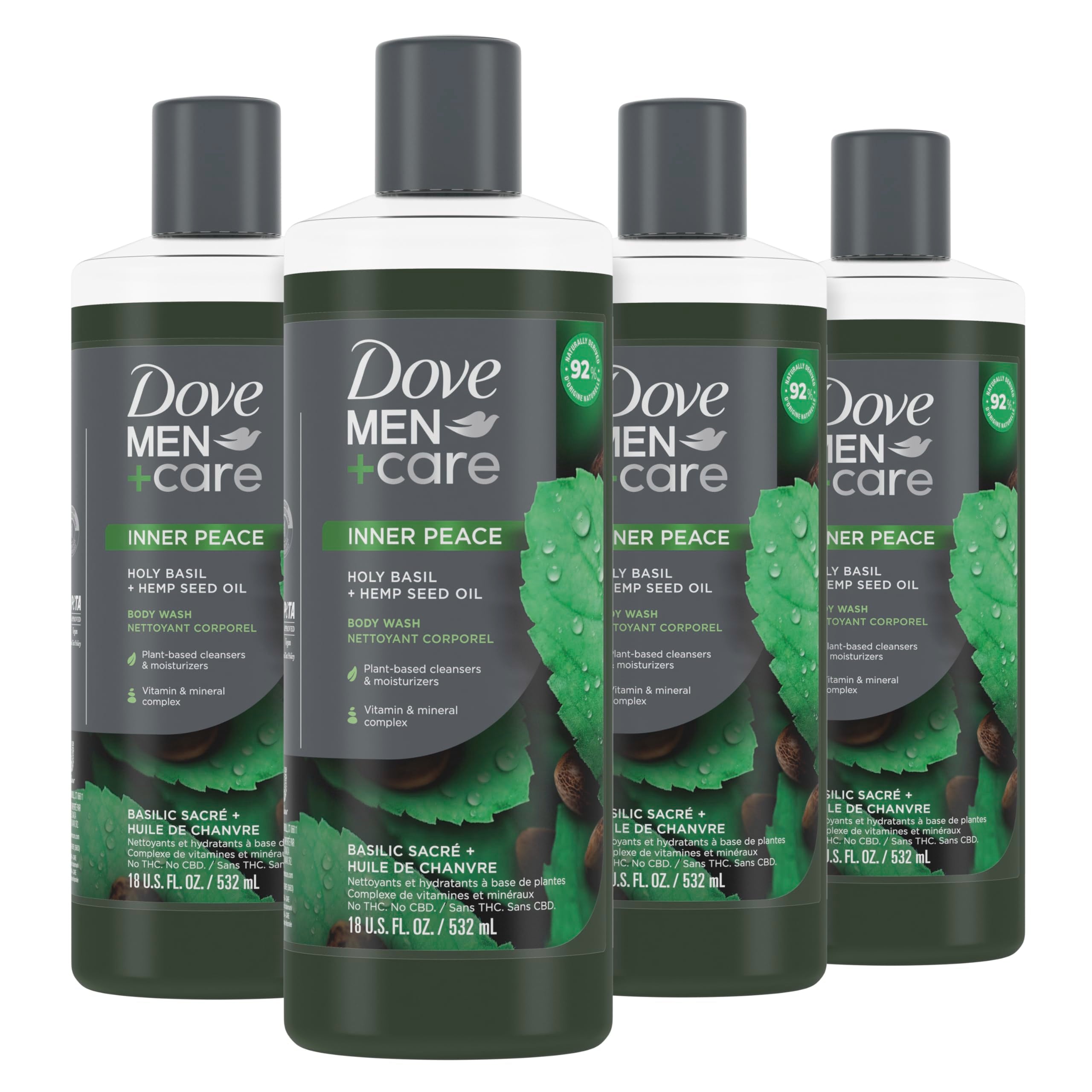 Dove Men+Care Body Wash Holy Basil + Hemp Seed Oil 4 Count To Rebuild Skin In The Shower With Plant-Based Cleansers And Moisturi
