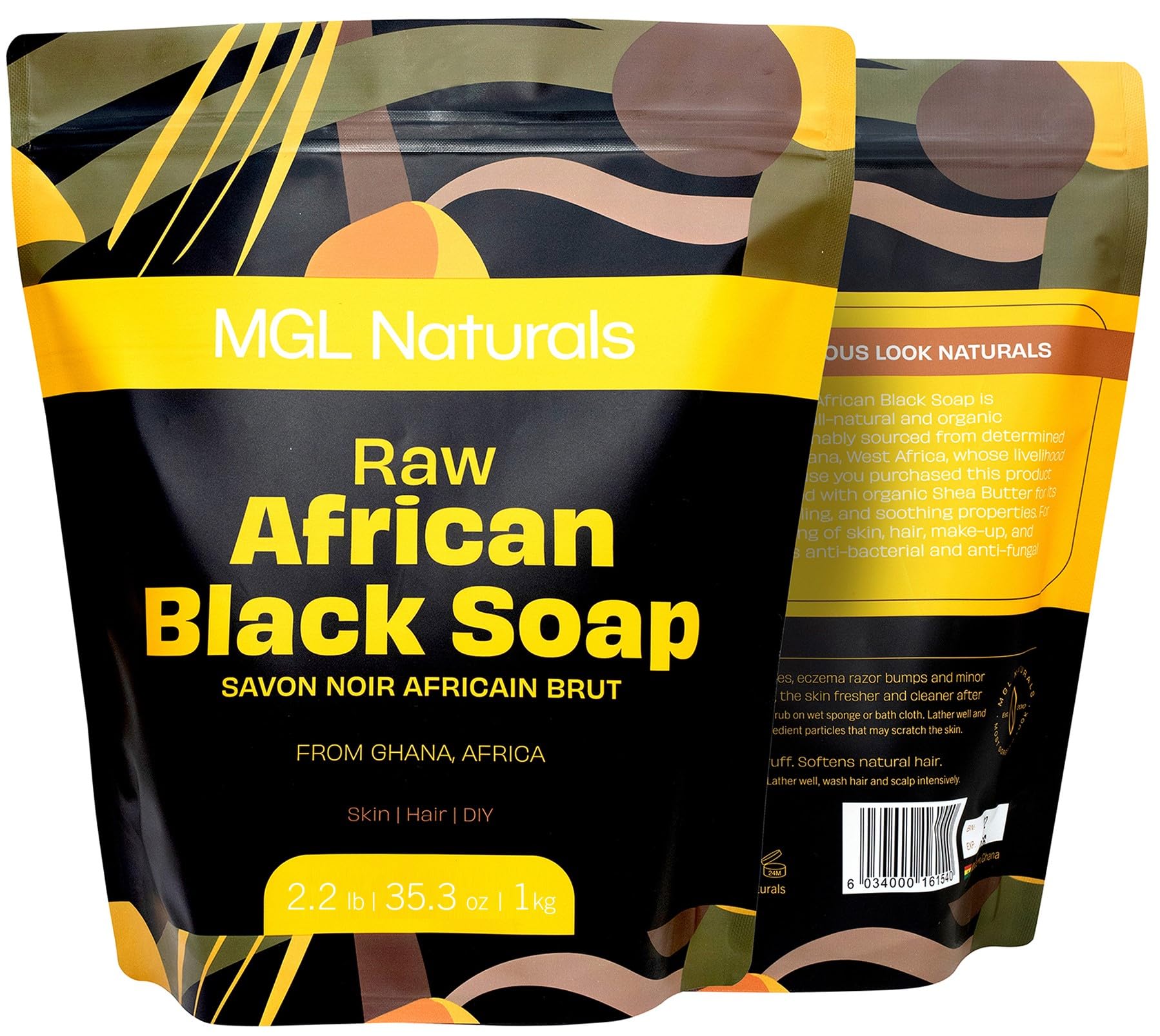 MGL Naturals Raw African Black Soap 2.2 lb from Ghana, Africa | Vegan & Organic | Face and body deep cleanse wash. 35.3oz | 2.2