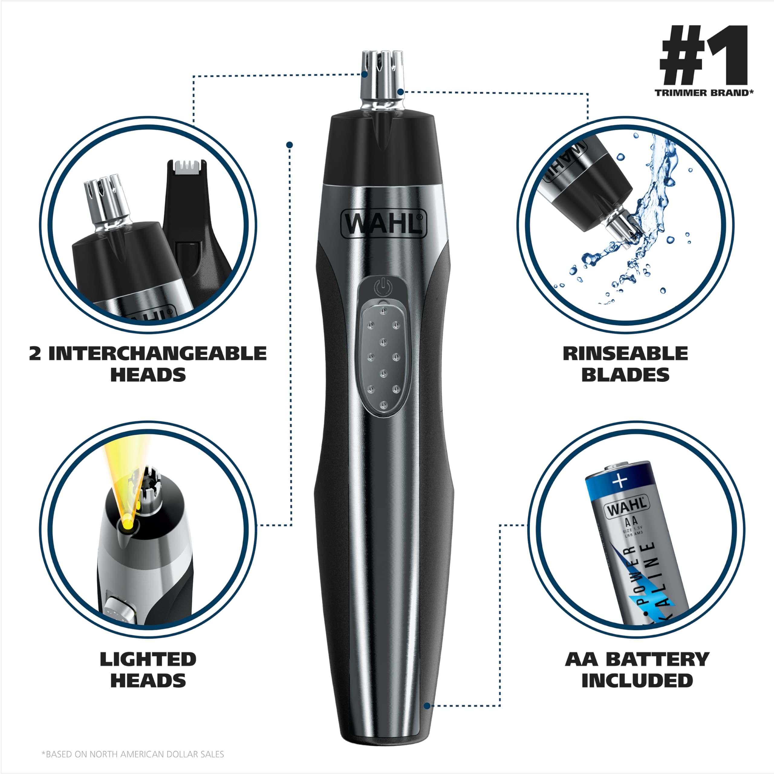Wahl Mens Nose and Ear Trimmer (3 Piece Set) Ear Hair Removal Stainless-Steel Blades, Cordless Convenience, Lightweight and Port