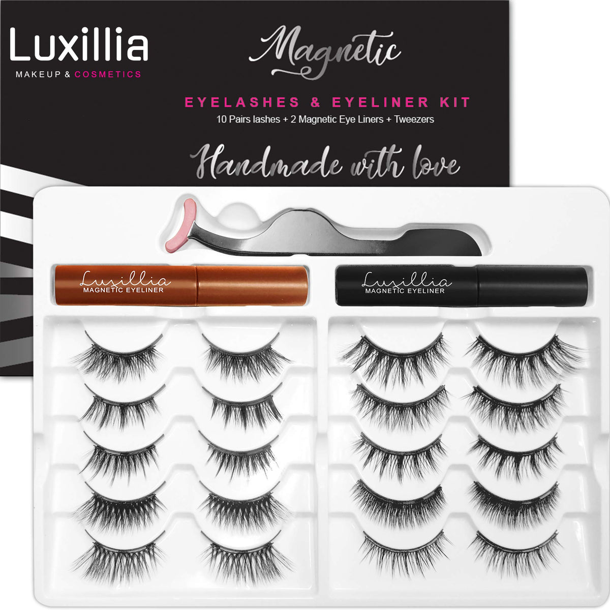 Luxillia Magnetic Eyelashes With Eyeliner 13 Piece Set, Most Natural Looking Magnetic Lashes Kit With Applicator, Best 8D, 3D Lo