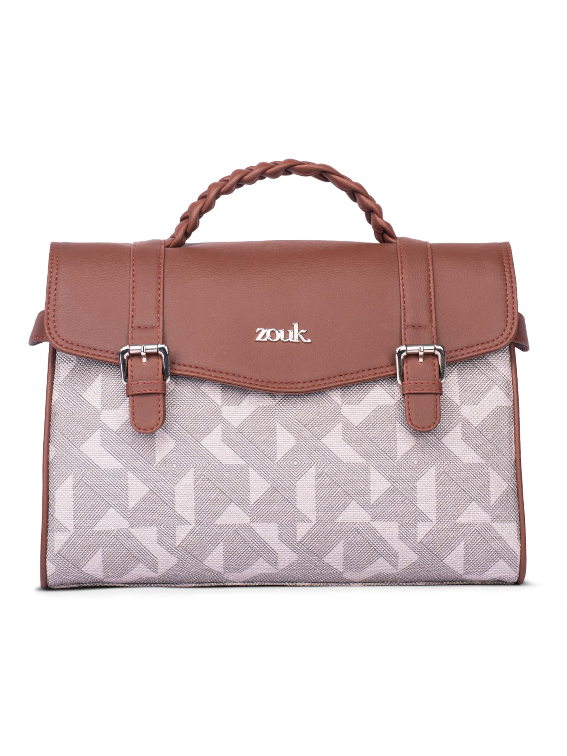 Zouk Konkona Heritage Satchel Bag  Mughal Motif | Jute | Vegan Leather Handcrafted With Detachable Sling Strap| Cream And Black