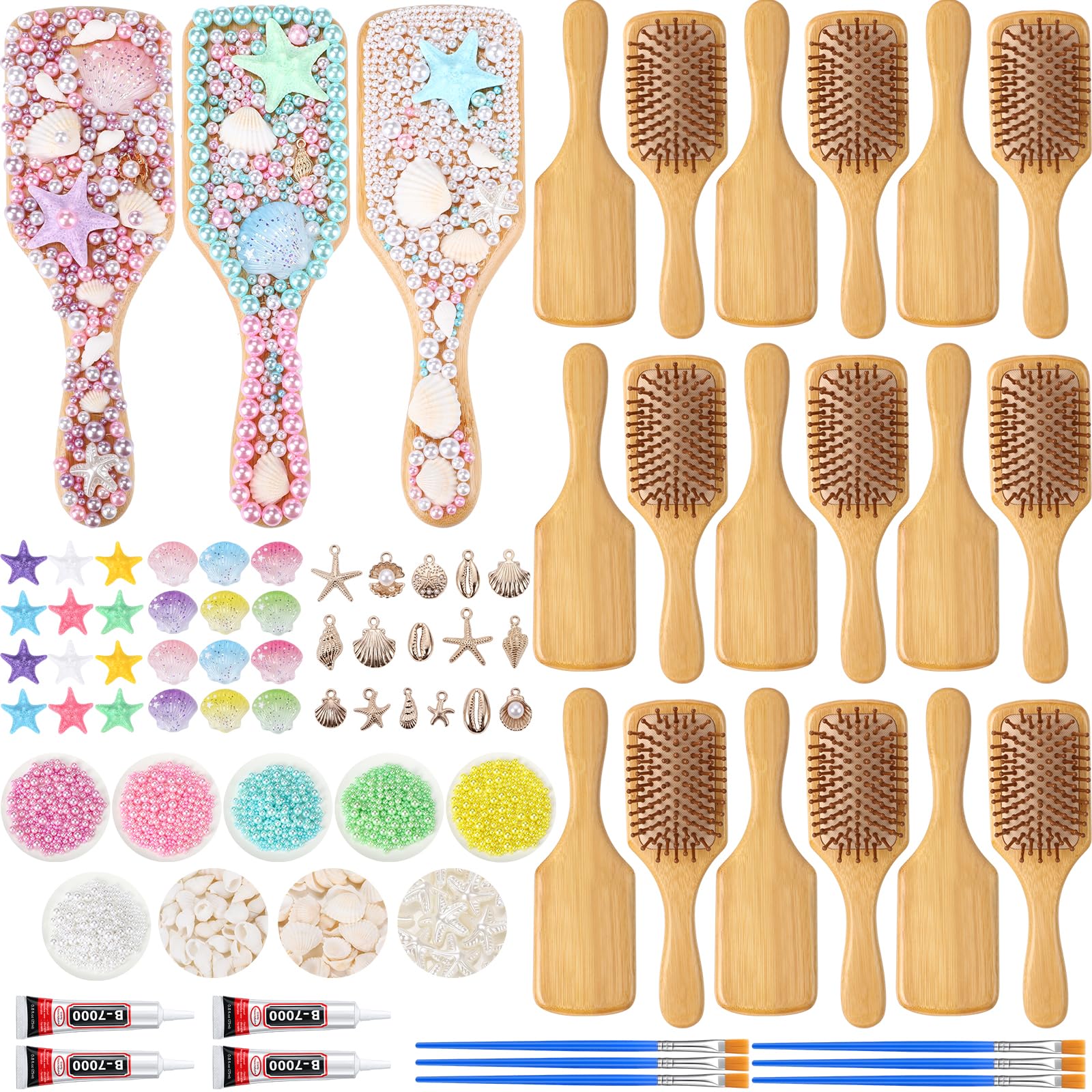 Meanplan 18 Set DIY Hairbrush Craft Kits Make Your Own Bamboo Hair Brushes with 6 Color Resin Seashells and Pearls Starfish for 