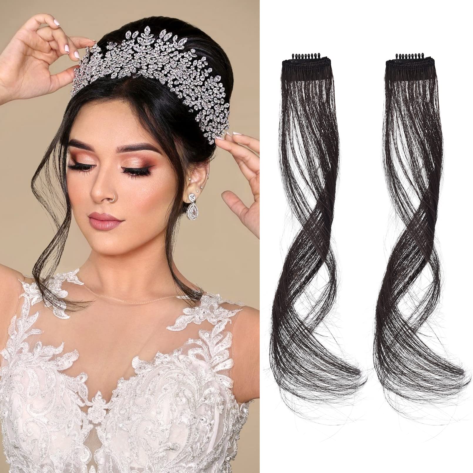 Flufymooz 12'' Clip-in Bangs Set: Long Synthetic Dragon Beard Fringe with Temples, 2PCS (Black Brown)