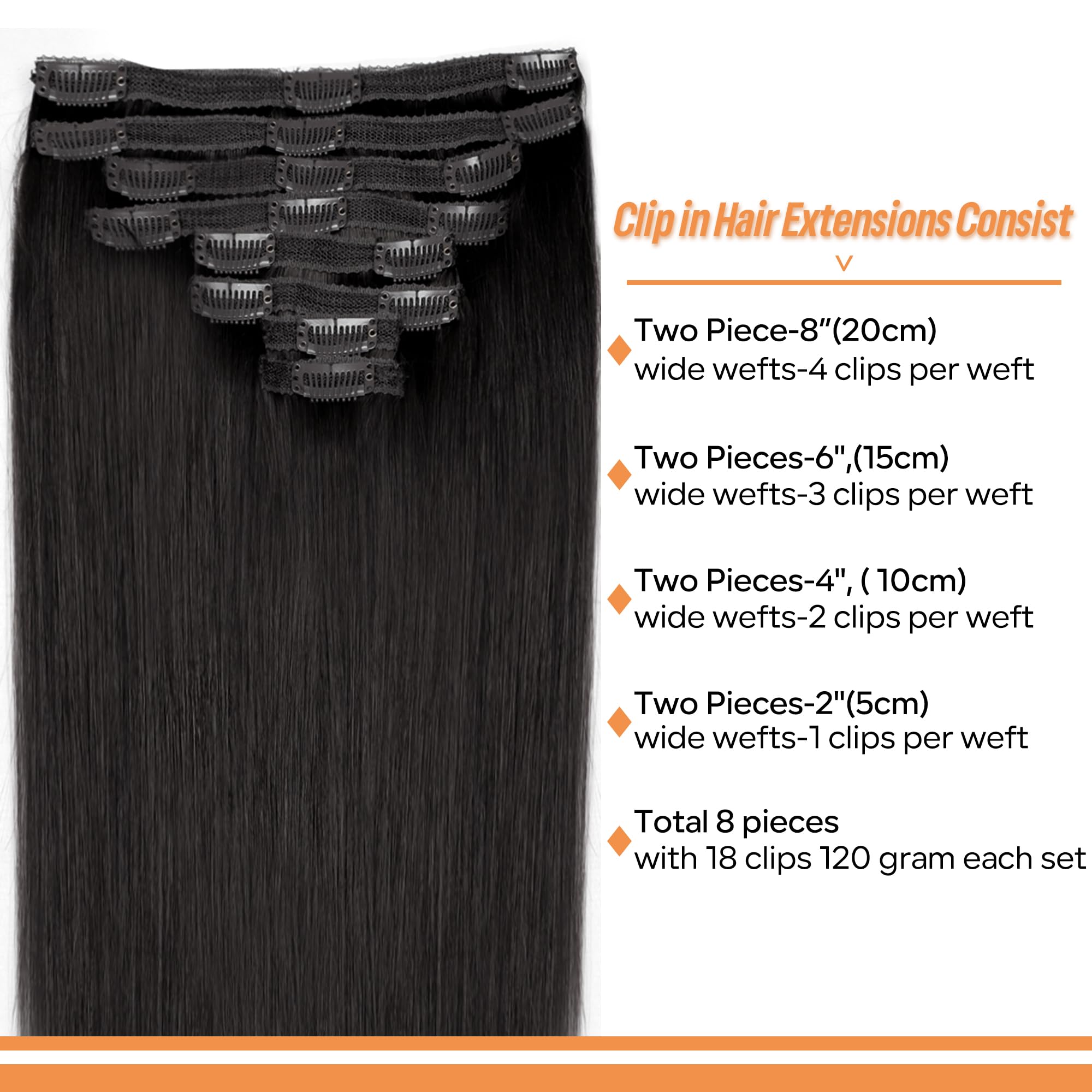 Pobokix Straight Clip In Hair Extensions Real Human Hair 8Pcs Clip In Jet Black Human Hair Extensions With 18Clips Lace Weft 120