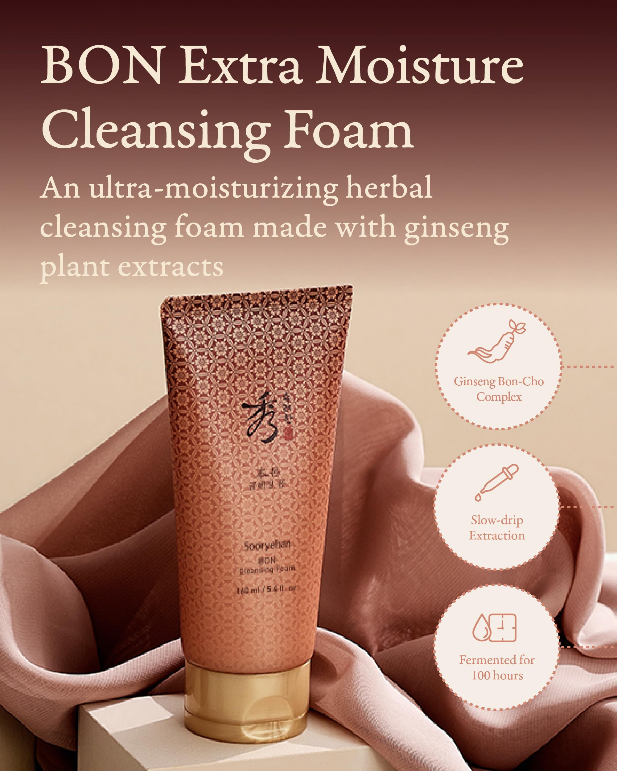 Sooryehan Bon Cleansing Foam (5.4fl oz) - Korean Skincare Herbal Ginseng Cleanser for Hydration & vitality, Reduces Tightness &