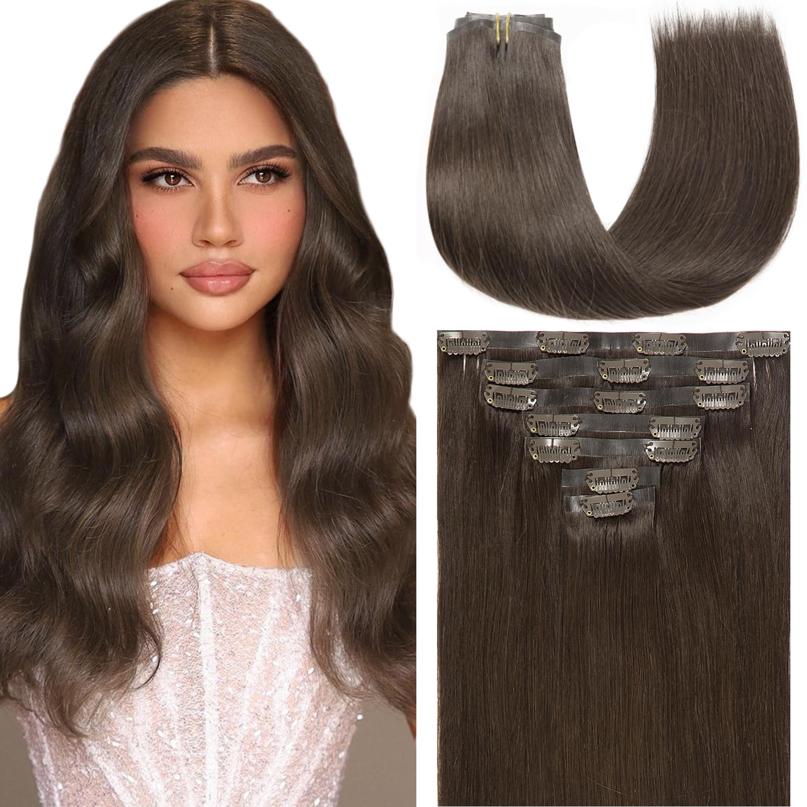Loxxy Human Hair Clip in Extensions 20Inch 110G Light Dark Brown Remy Seamless Hair Extensions Clip ins Invisible PU Clip in Hai