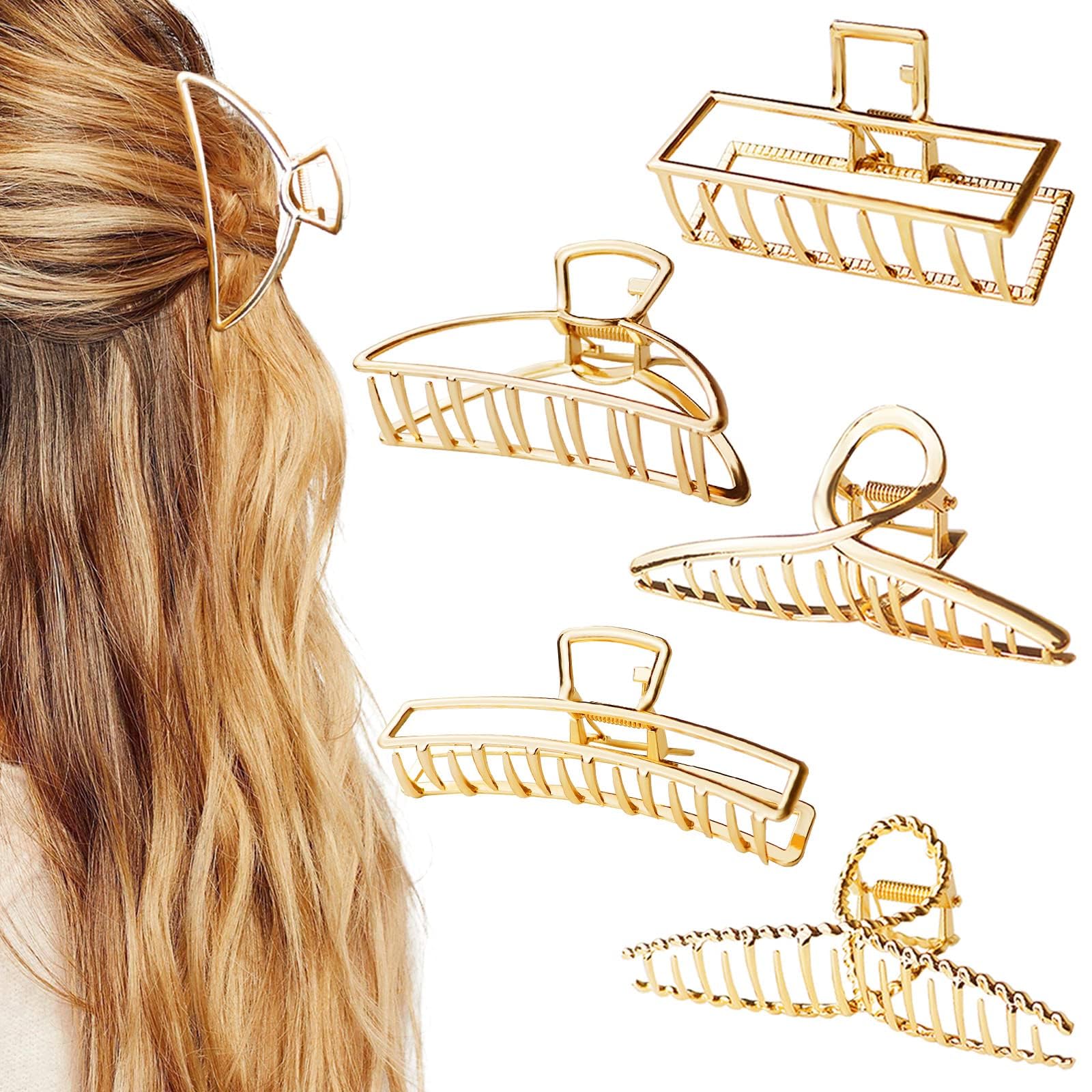 5 Pack Large Gold Hair Clips for Thick Hair Metal Cross Claw Clip Non-Slip Banana Hair Claw Clips Hair Catch Barrette French Des