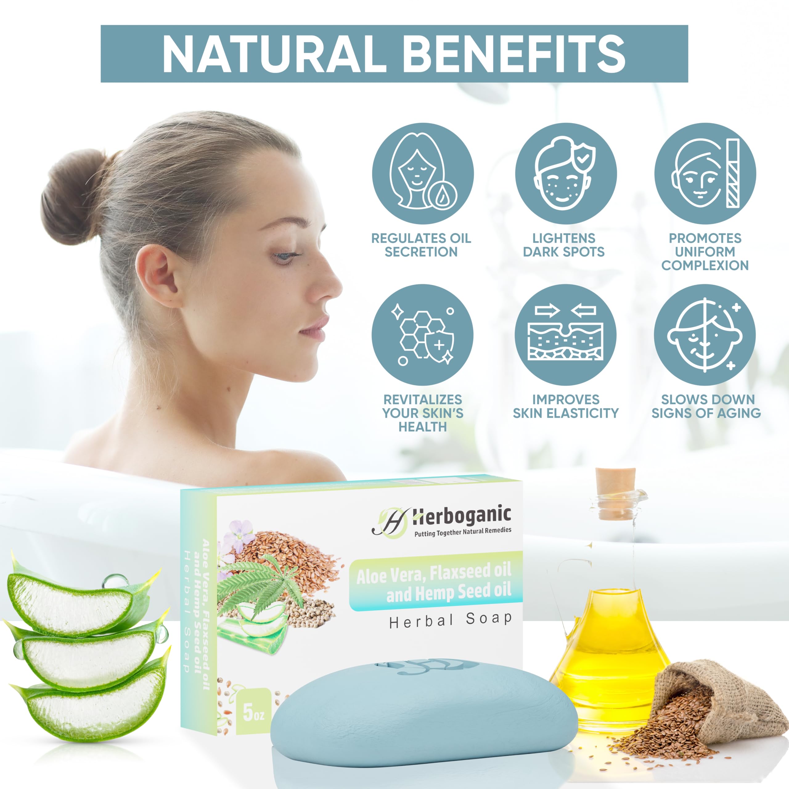 HERBOGANIC Aloe Vera, Flaxseed Oil and Hemp Seed Oil Herbal Soap | Natural Bar Soap for Anti-Aging | Rejuvenating and Nourishing