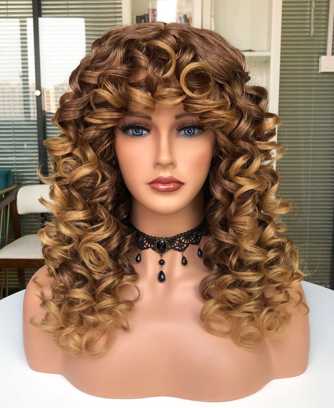 Annivia Curly Wig with Bangs for Black Women Ombre Blonde Kinky Long Curly Shag Synthetic Hair Wigs Daily Use Cosplay 17 Inch