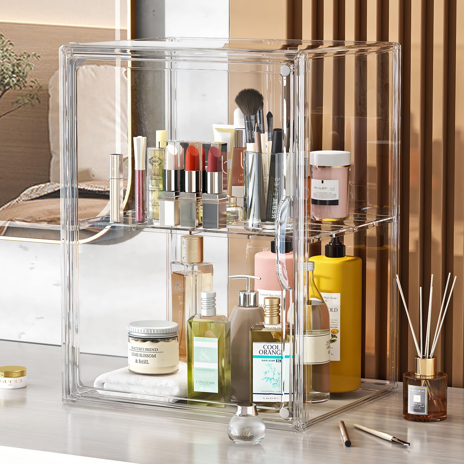 MSHOMELY Makeup Storage Organizer 3 Packs Arcylic Cosmetic Display Case, Perfume Organizer with Division Board, Bathroom Counter