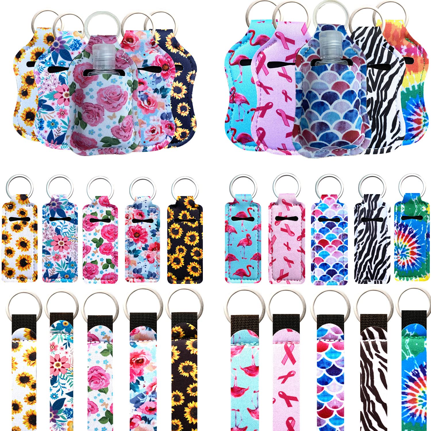 PUEZOKLY 40pcs Travel Bottles Keychain Set with Wristlet Chapstick Holder keychain Hand Sanitizer Holder Keychain with Empty Bot
