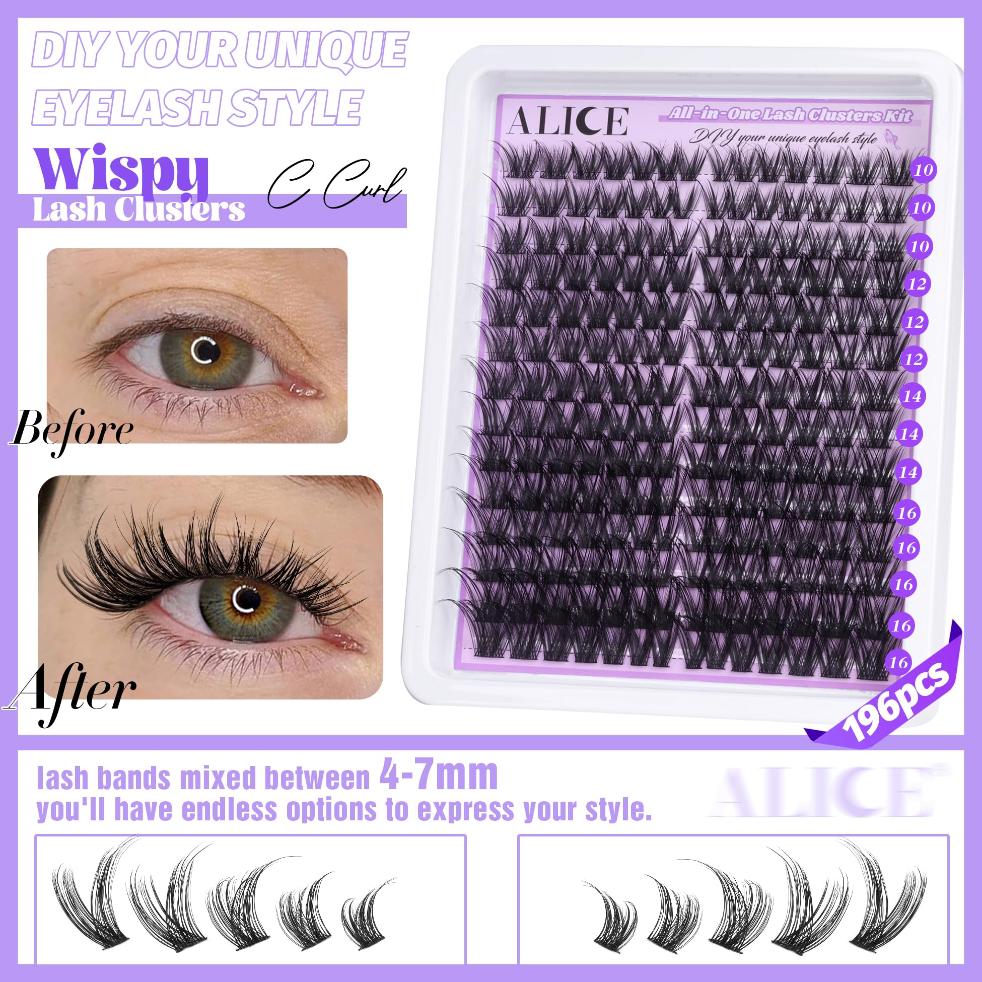 Alice Cluster Eyelash Extension Kit Natural Wispy Lash Clusters Kit Diy Lash Extension Kit Fluffy 196Pcs 10-18Mm Individual Lash