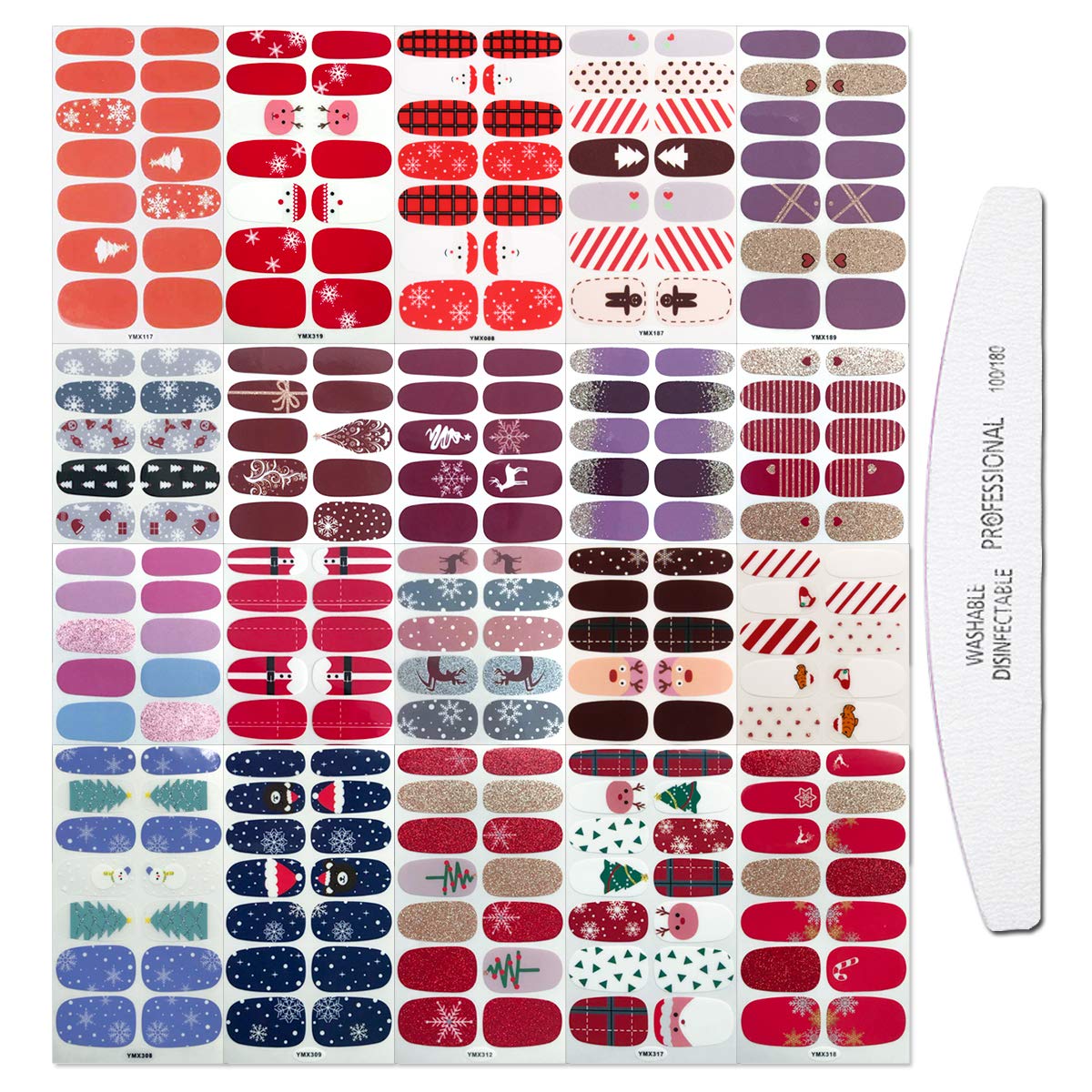 WOKOTO 20 Sheets Christmas Adhesive Nail Polish Decals Strips with 1Pc Nail File Holiday Pack Nail Wraps Stickers Manicure Kit