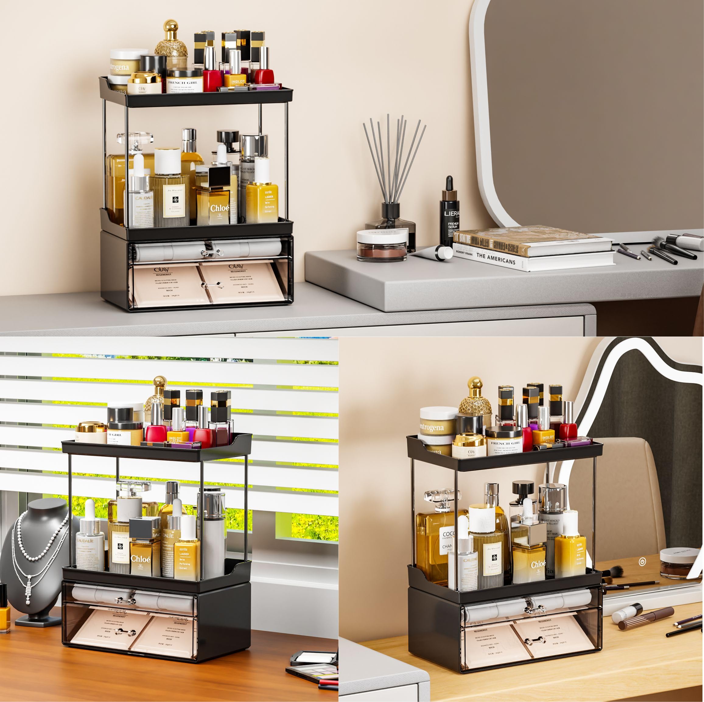 Yieach 2 Pack Clear Makeup Organizer With Drawers - Stackable Design,14.5'' Tall Large Capacity - Suitable As Bathroom Counter O