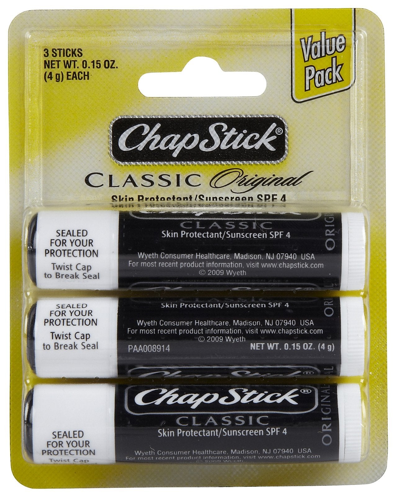 ChapStick Classic, Skin Protectant Flavored Lip Balm Tube, 3 Count (Pack of 1)