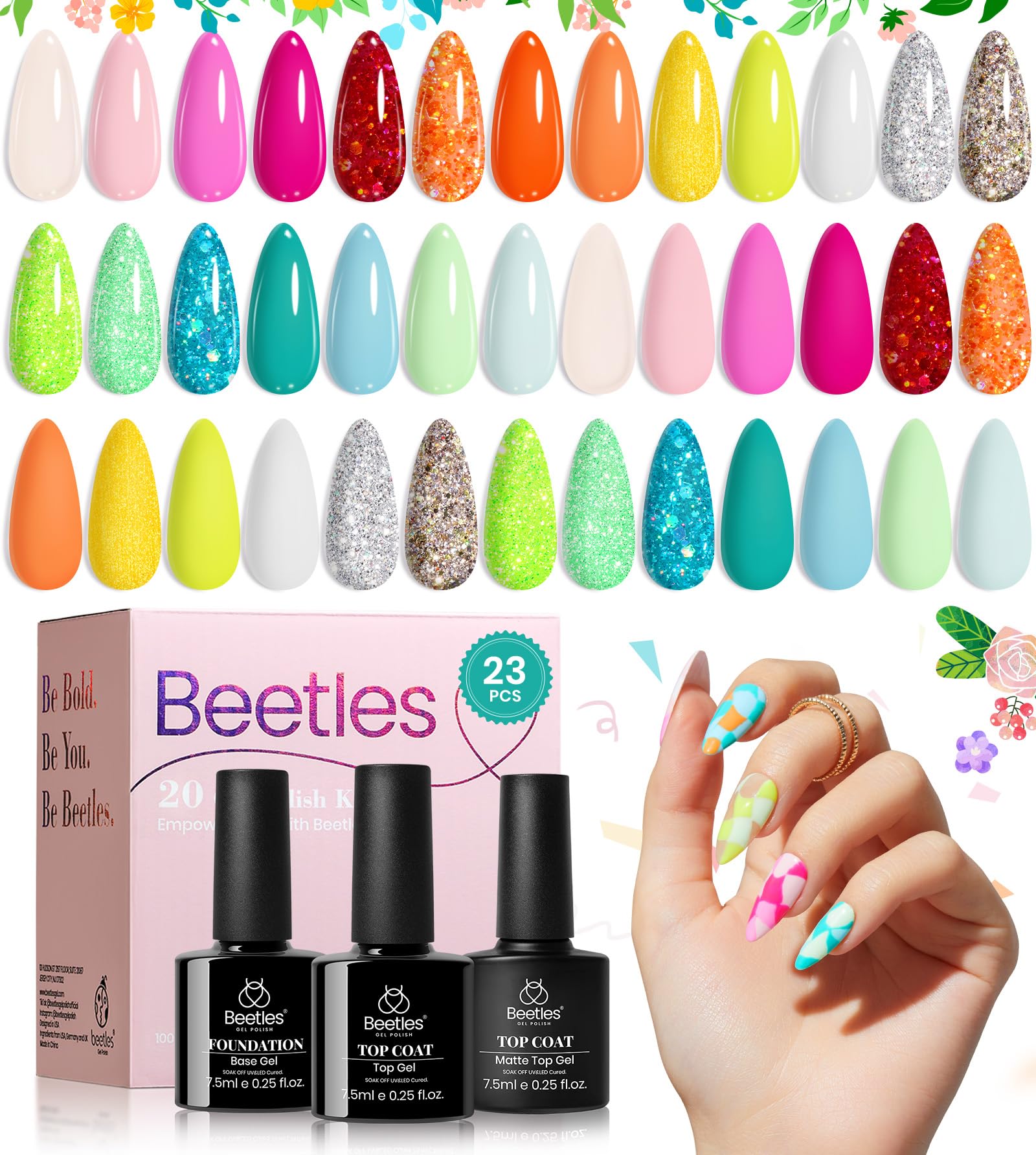 Beetles Spring Gel Nail Polish Set, 23 Pcs 20 Colors Neon Glitter Hot Pink Yellow Orange Blue Clear Sparkle Gel Nail Polish Kit 