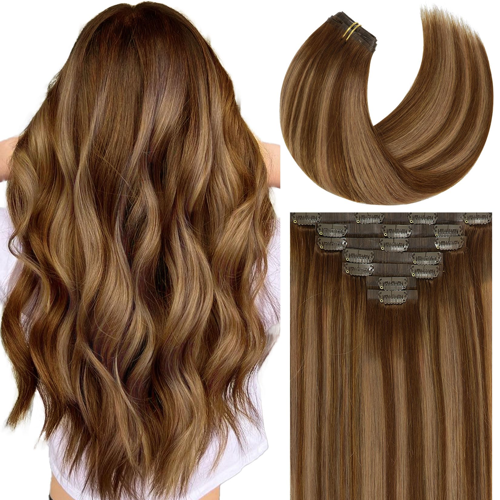 Caliee Clip in Hair Extensions Real Human Hair Fluffy Not Tangled Seamless Hair Extensions Clip in Human Hair 20Inch 110G 7Pcs R