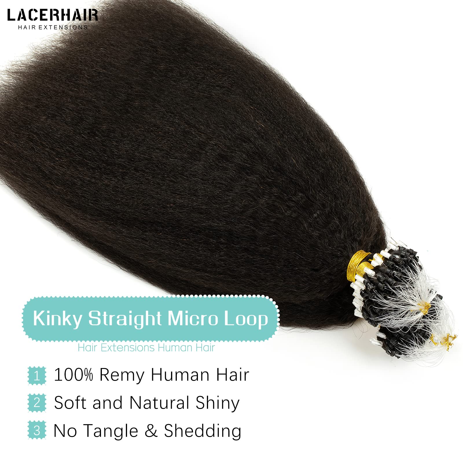 Lacerhair Microlink Hair Extensions Real Human Hair Yaki Brazilian Virgin Hair Black Kinky Straight Micro Loop Beaded Hair Exten