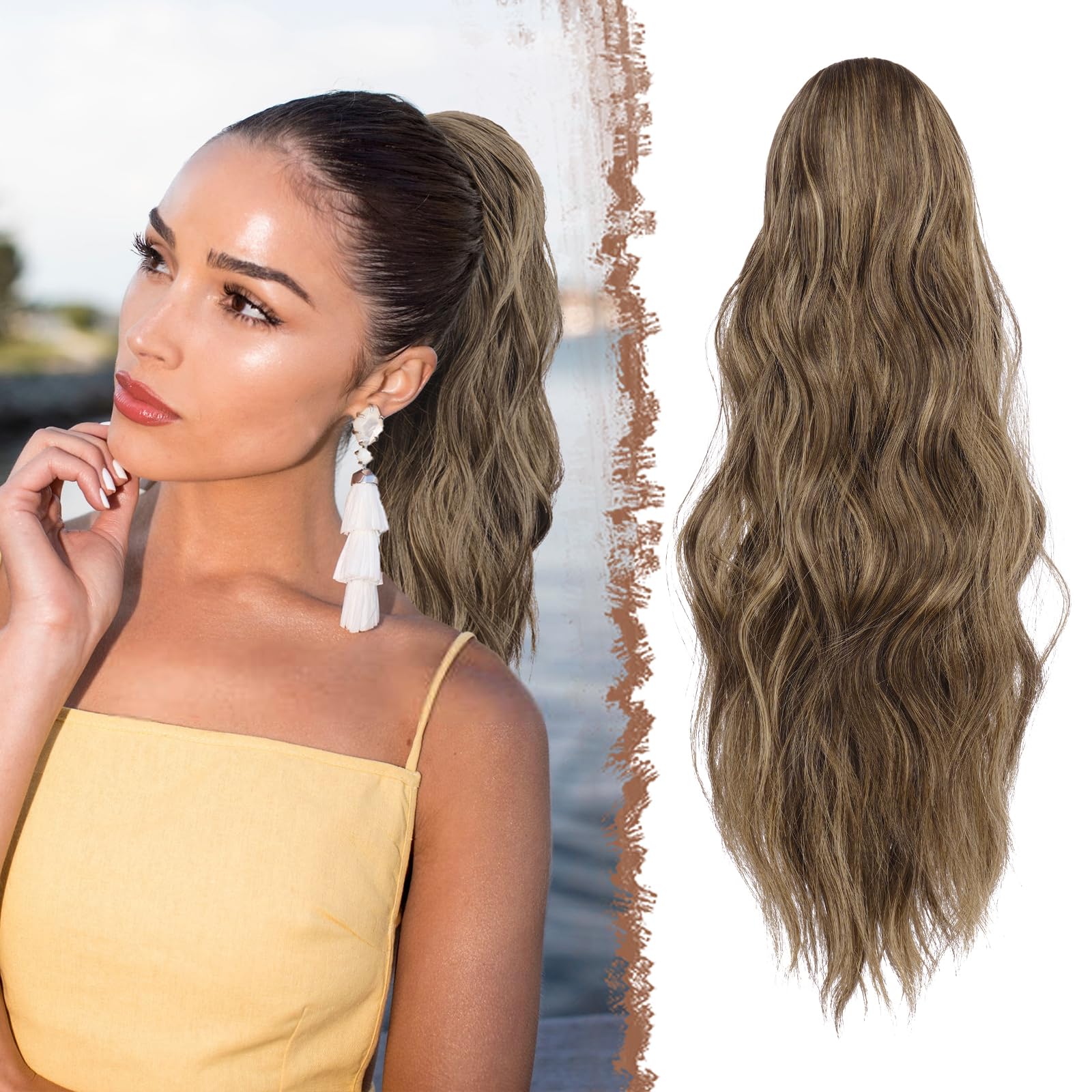 FESHFEN Ponytail Extensions, Drawstring Ponytails Hair Extension Long Curly Wavy Hair Piece Synthetic Pony Tail Hairpieces for W