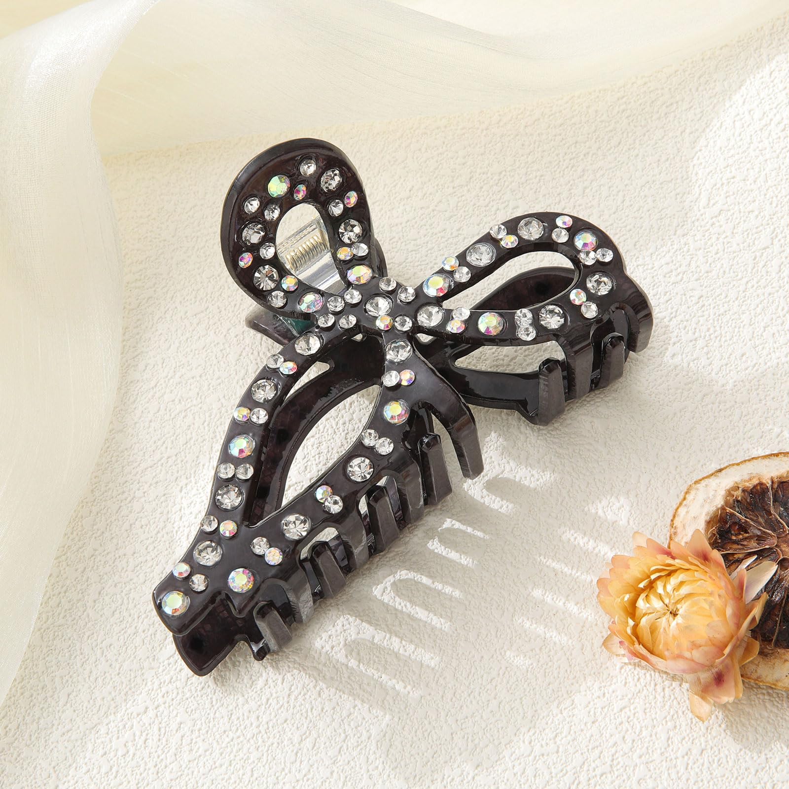 AWAYTR Rhinestone Hair Bow Claw Clip for Women, 4.3, Butterfly Style, Non Slip, for Long Thick Hair (Black)