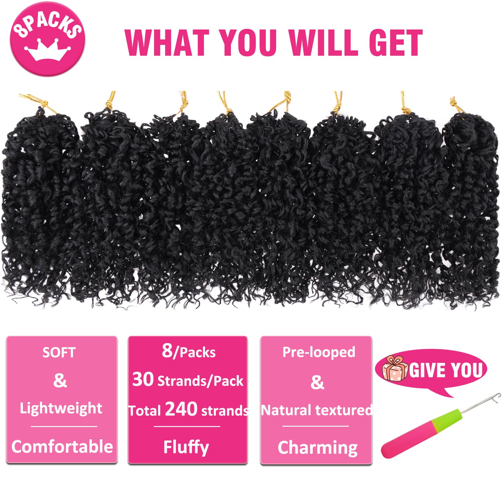 Unionbeauty 6 Inch Yanky Twist Crochet Braids Hair 8Packs Natural Black Pre-Twisted Micro Passion Twist Crochet Hair Pre-Looped