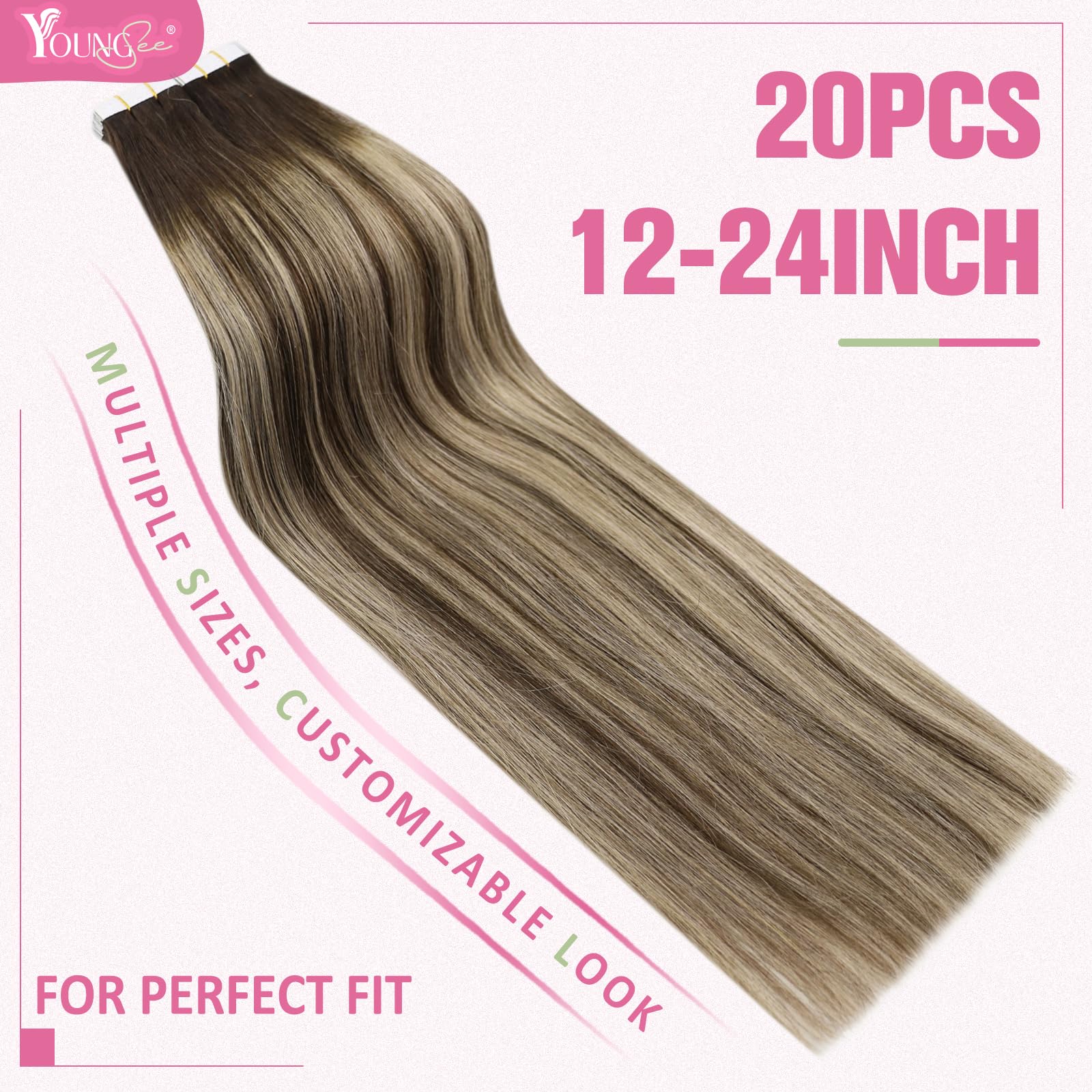 YoungSee Tape in Hair Extensions Human Hair Balayage Tape Hair Extensions Real Human Hair Dark Brown with Ash Blonde Balayage Hu