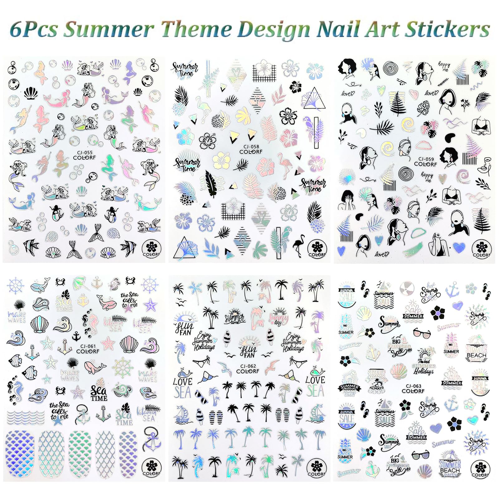 Votacos Summer Nail Stickers For Nail Art 6 Sheets Shell Nail Decals 3D Nail Design Self-Adhesive Nail Supplies Accessories Palm