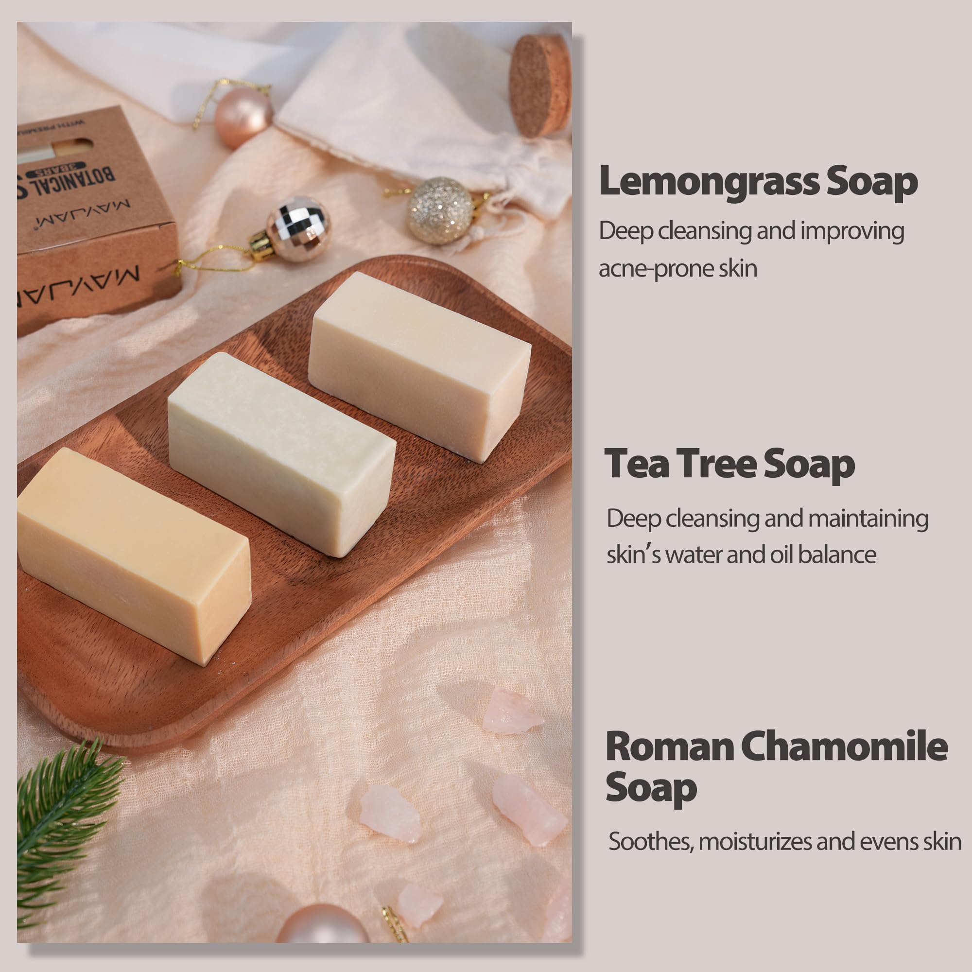 Natural Bar Soap With Vitamin E, Pure Plant Oil Bath Body Soap Variety Soap Pack 3 Bars (Lemongrass, Tea Tree, Roman Chamomile)R
