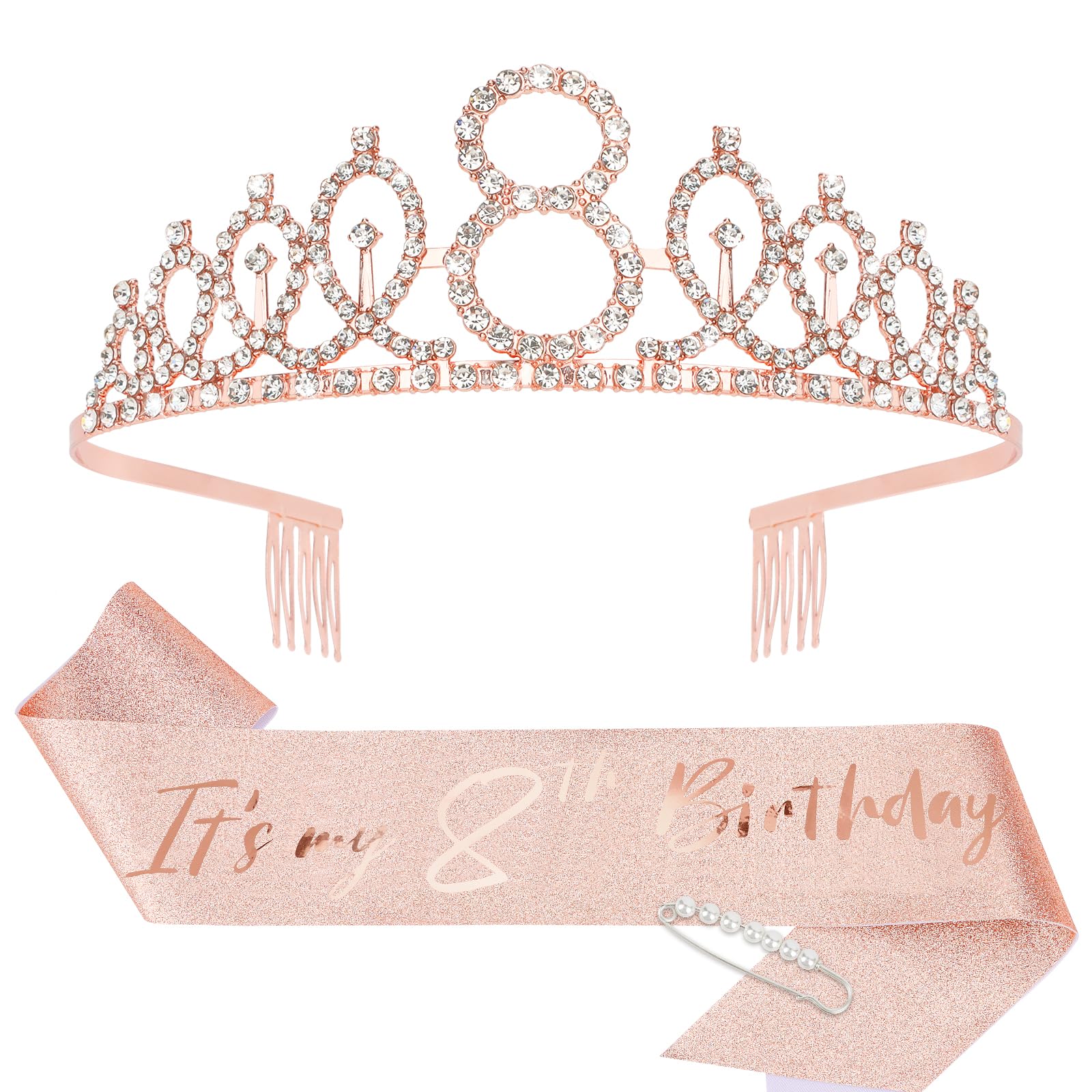 CIEHER 8th Birthday Crown + 8th Birthday Sash + Pearl Pin Set, 8th Birthday Gifts for Girls It's My 8th Birthday Decorations Wom