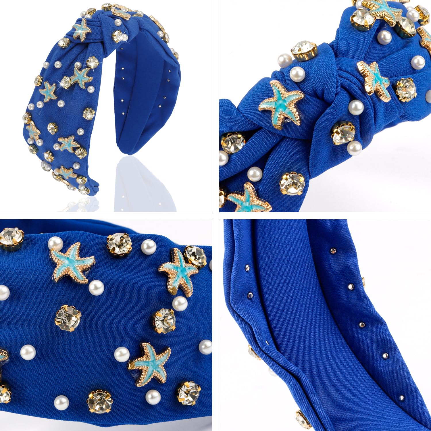 Atoden Royal Blue Headband With Pearl, Rhinestone, And Starfish Embellishments For Women'S Hair - Wide Top Knot Headband - Hair