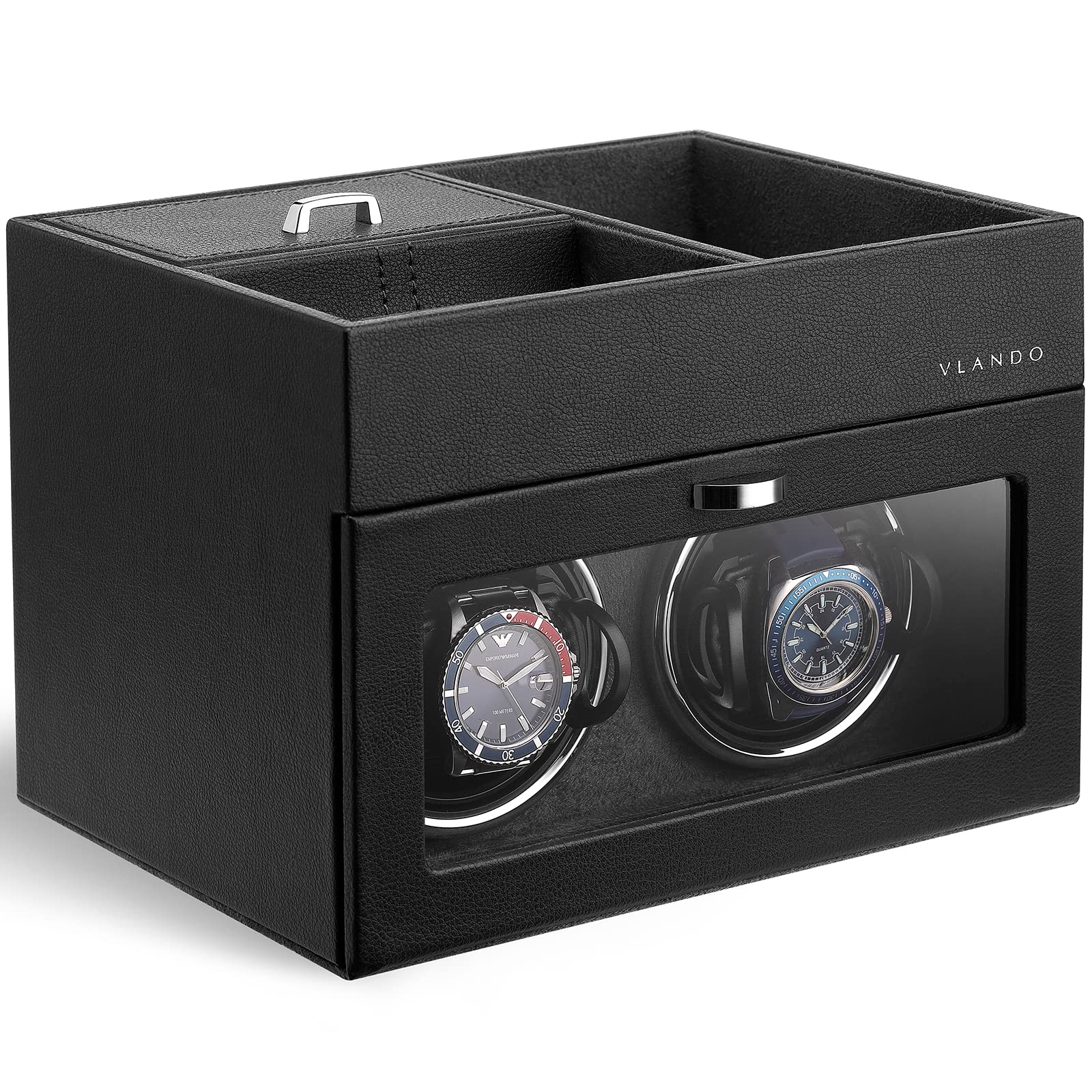 Vlando Automatic Double Watch Winder - Watch Winder Box with Men Jewelry Organizer Tray, Japanese Quiet Motor, LED Light, Adjust