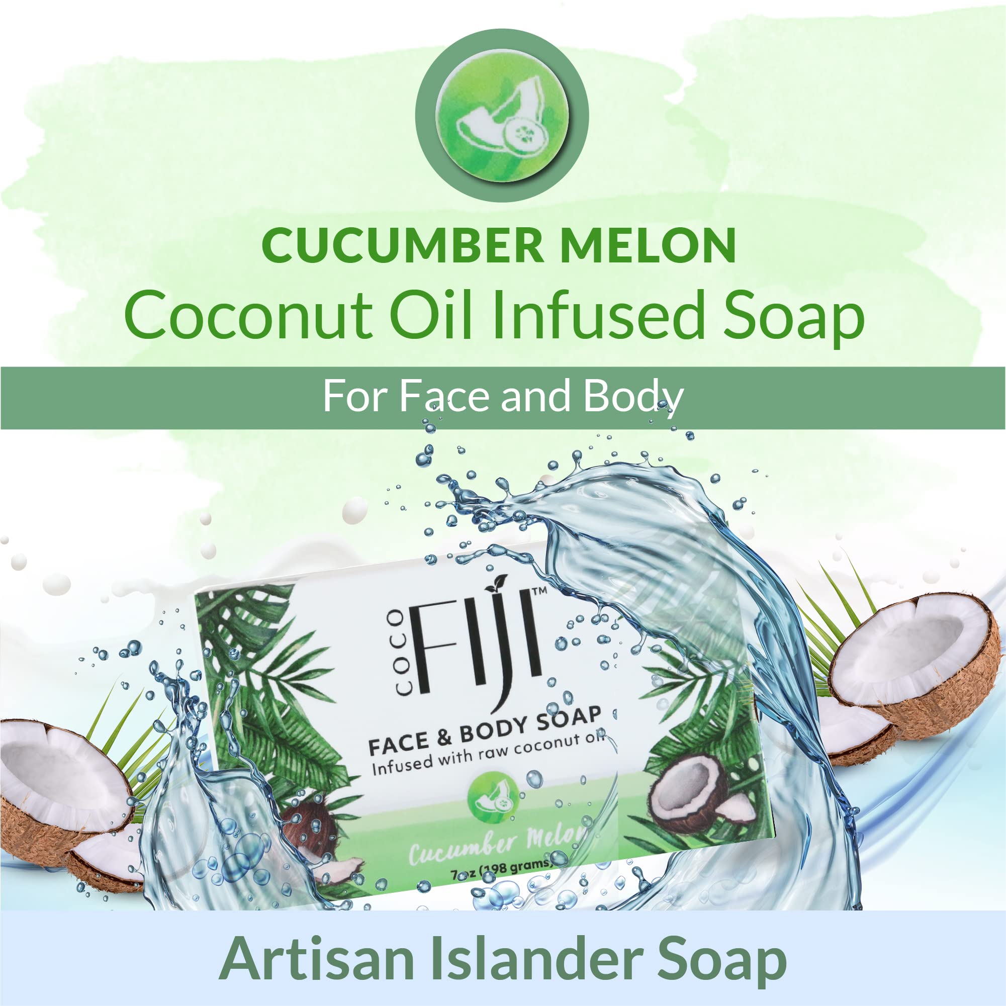 Coco Fiji Soap Bar for Face and Body Infused With Organic Coconut Oil, Cucumber Melon, Essential Oil, Natural Soap for Moisturiz
