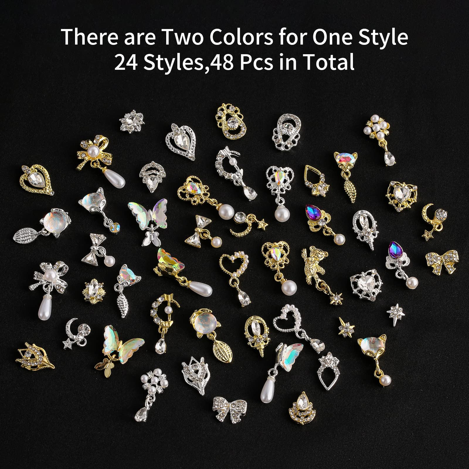 48 Pcs Dangle Nail Charms Luxury Rhinestones For Nails Heart Charms Gold Silver Nail Gems Crystal Metal Nail Diamonds Stones For